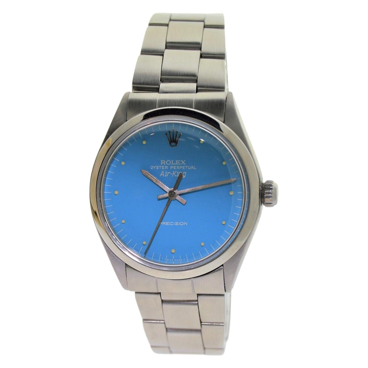 Rolex Montre Air King en acier inoxydable avec cadran bleu poudre fini sur mesure, années 1970 en vente