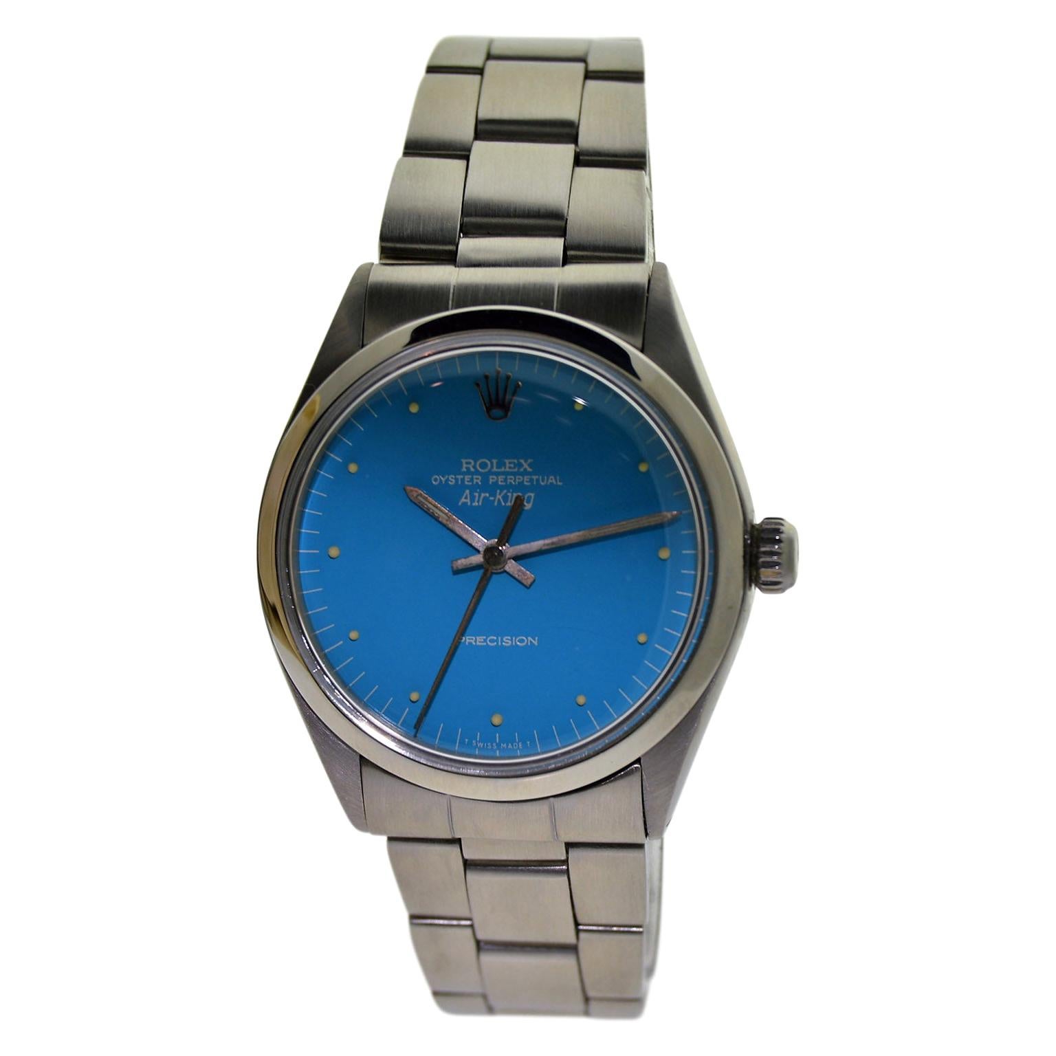 Rolex Montre Oyster Perpetual Air King en acier inoxydable avec cadran bleu poudré personnalisé, années 1970