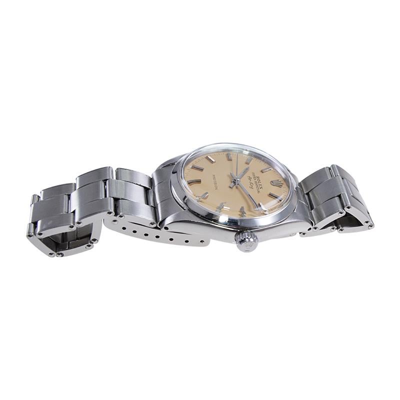 Women's or Men's Rolex Stainless Steel Air King with a Custom Finished Beige Dial Late 1960's For Sale