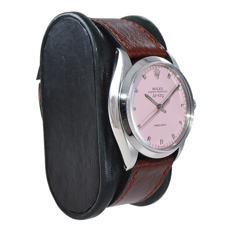 Modernist Rolex Stainless Steel Air King with a Custom Finished Hot Pink Dial 1970's For Sale
