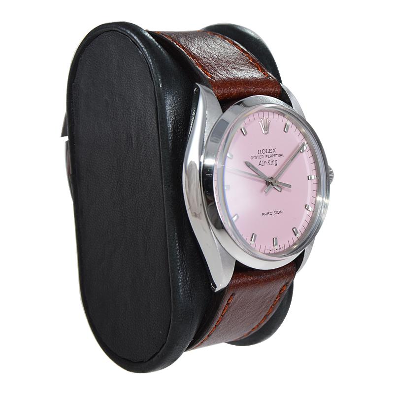 Rolex Stainless Steel Air King with a Custom Finished Hot Pink Dial 1970's In Excellent Condition For Sale In Long Beach, CA