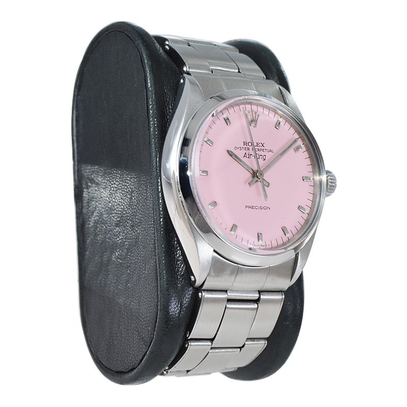 Modern Rolex Stainless Steel Air King with a Custom Finished Hot Pink Dial Early 1970's