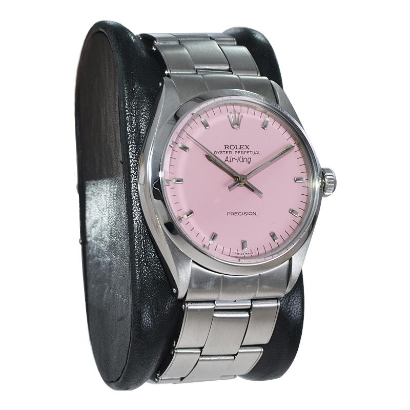 Women's or Men's Rolex Stainless Steel Air King with a Custom Finished Hot Pink Dial Early 1970's