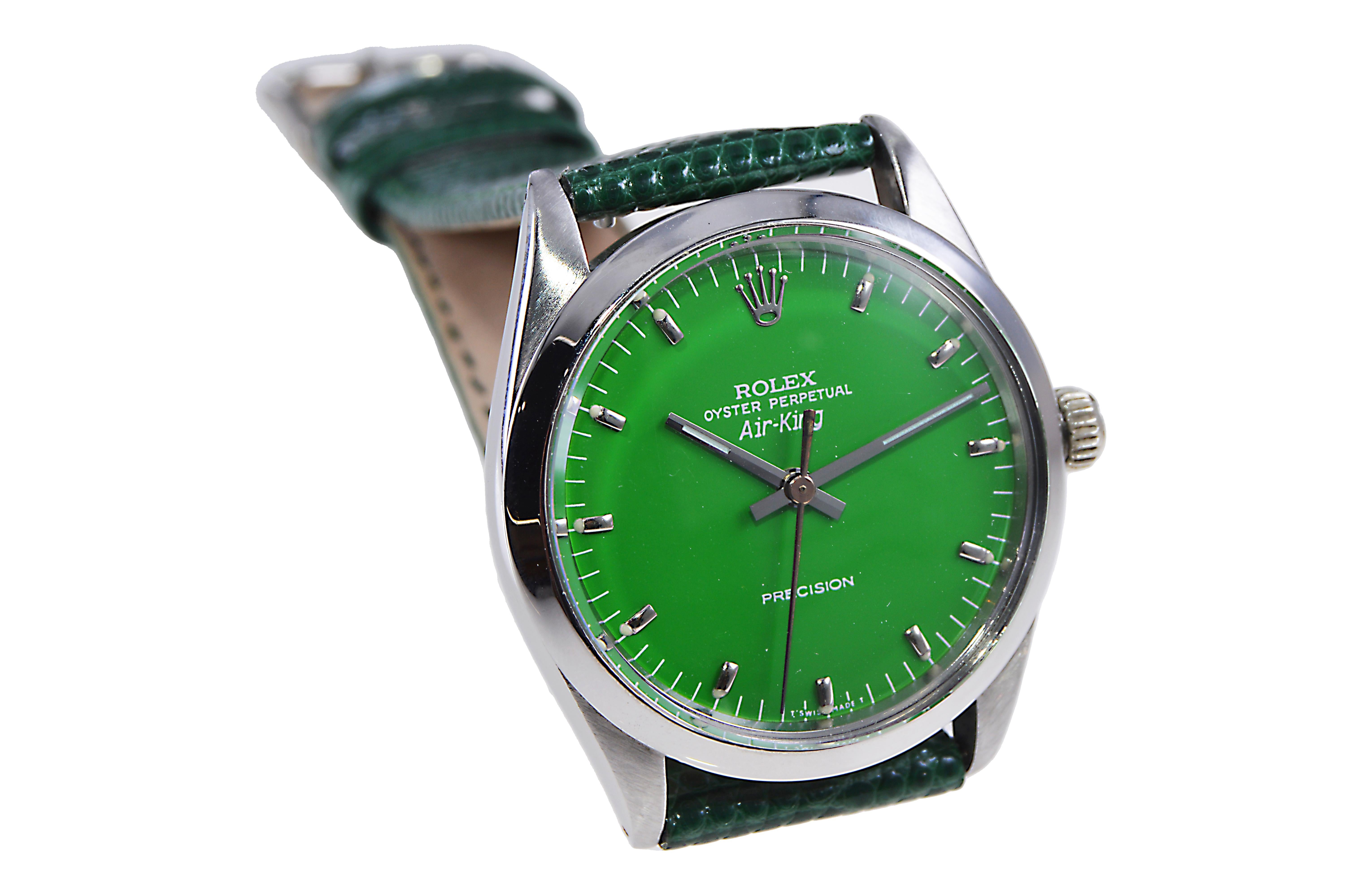 Women's or Men's Rolex Stainless Steel Air King with Custom Made Green Dial from 1960's and 70's For Sale