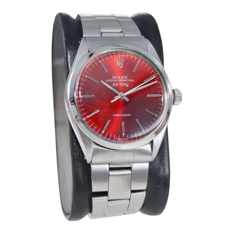 Modern Rolex Stainless Steel Air King with Custom Candy Apple Red Dial 1970s For Sale