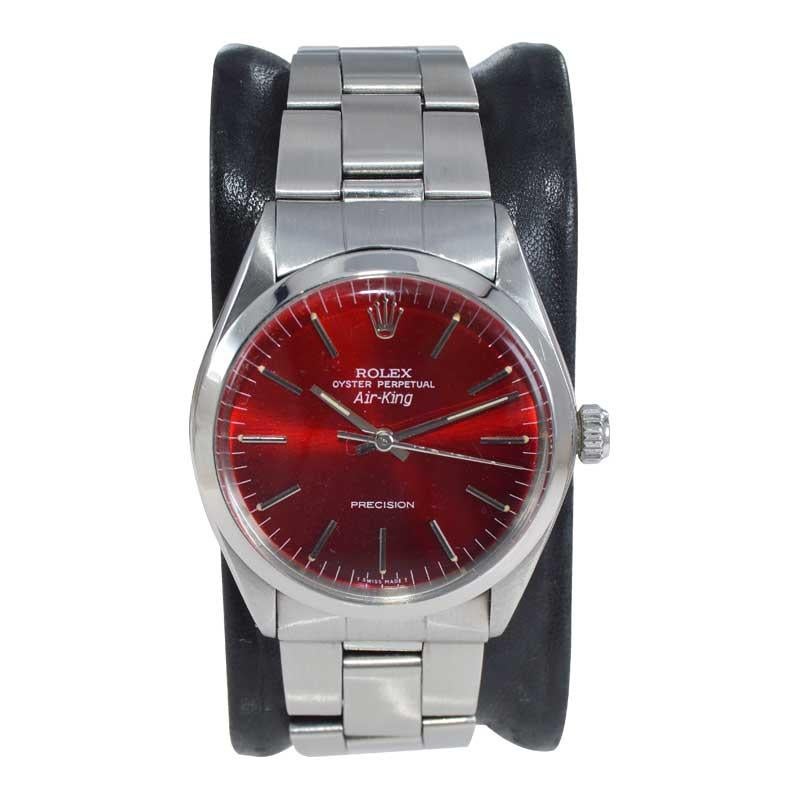 Women's or Men's Rolex Stainless Steel Air King with Custom Candy Apple Red Dial 1970s For Sale