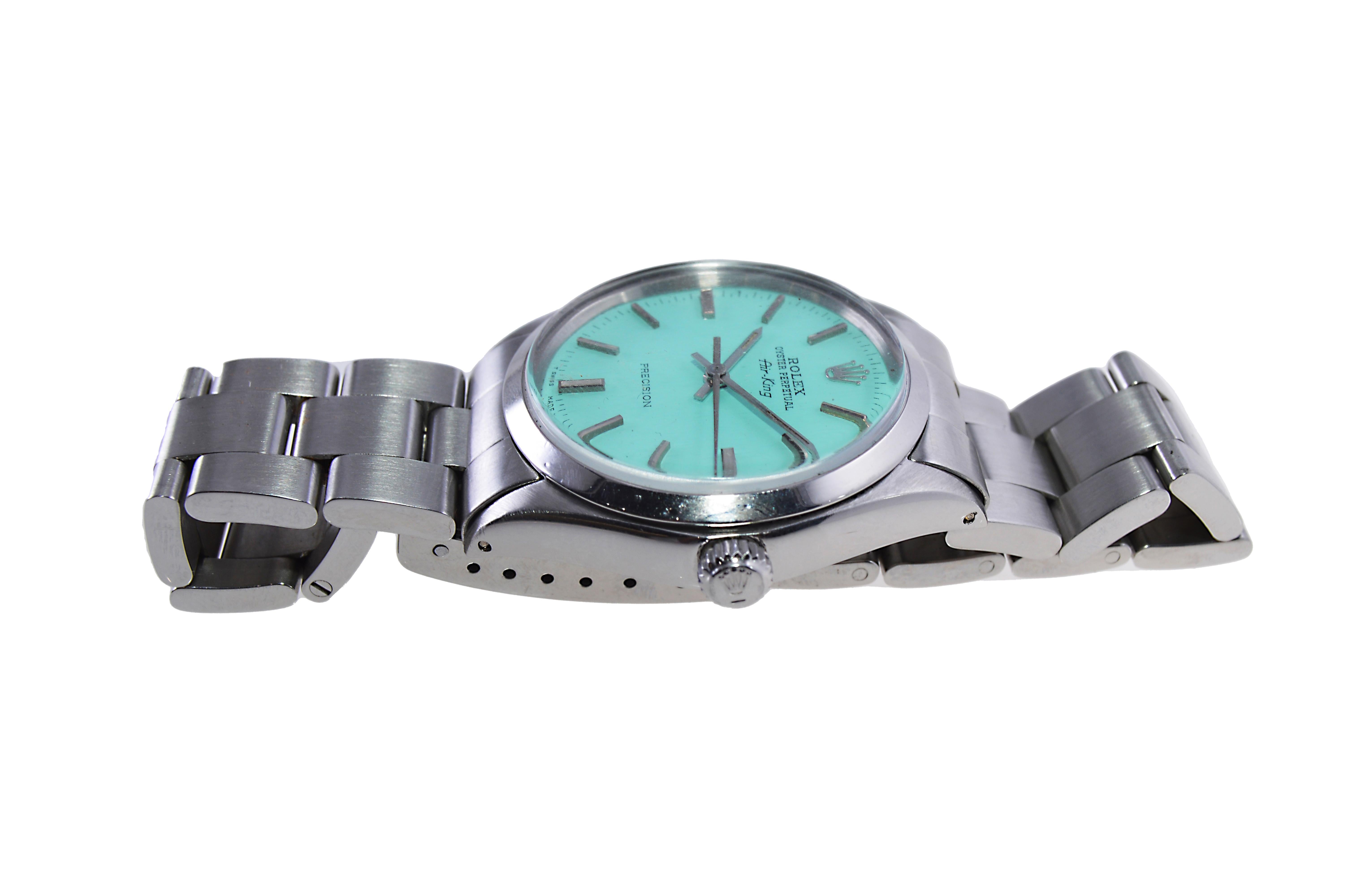 Women's or Men's Rolex Stainless Steel Air King with Custom Colored T. Blue Dial from Mid 70's