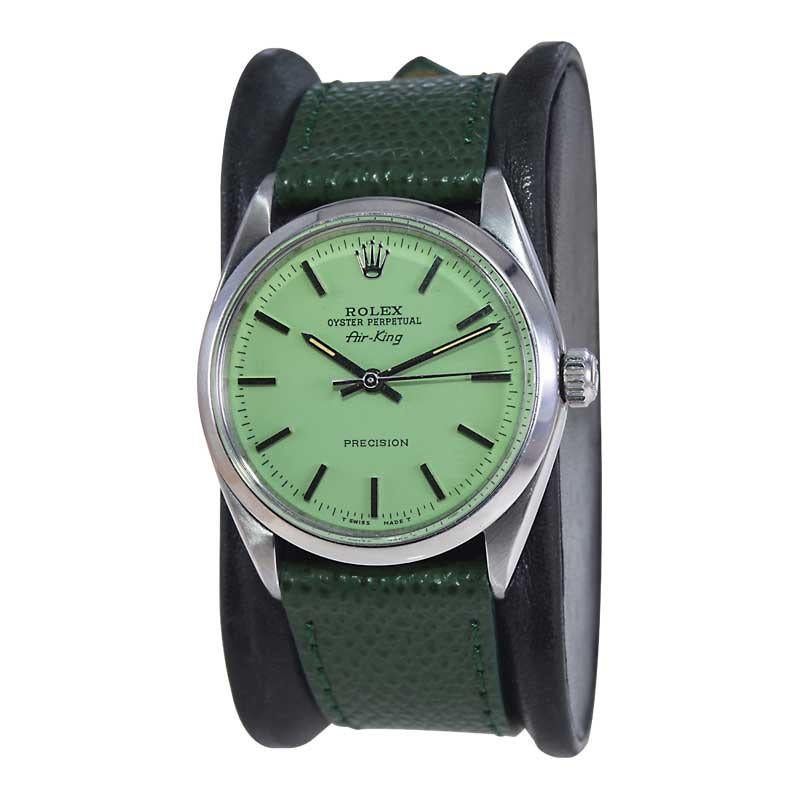 Rolex Stainless Steel Air King with Custom Finished Lime Green Dial circa 1960's In Excellent Condition In Long Beach, CA