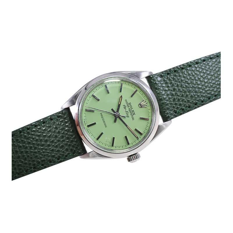 Women's or Men's Rolex Stainless Steel Air King with Custom Finished Lime Green Dial Mid 1960's