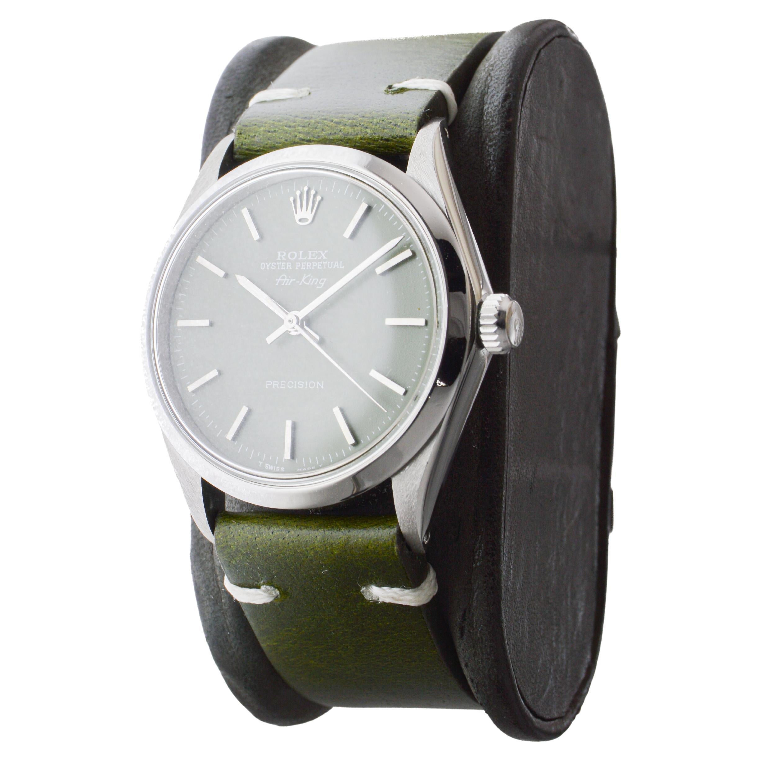 Rolex Edelstahl Air King mit Custom Finished Sage Green Zifferblatt circa 1960's im Angebot 3