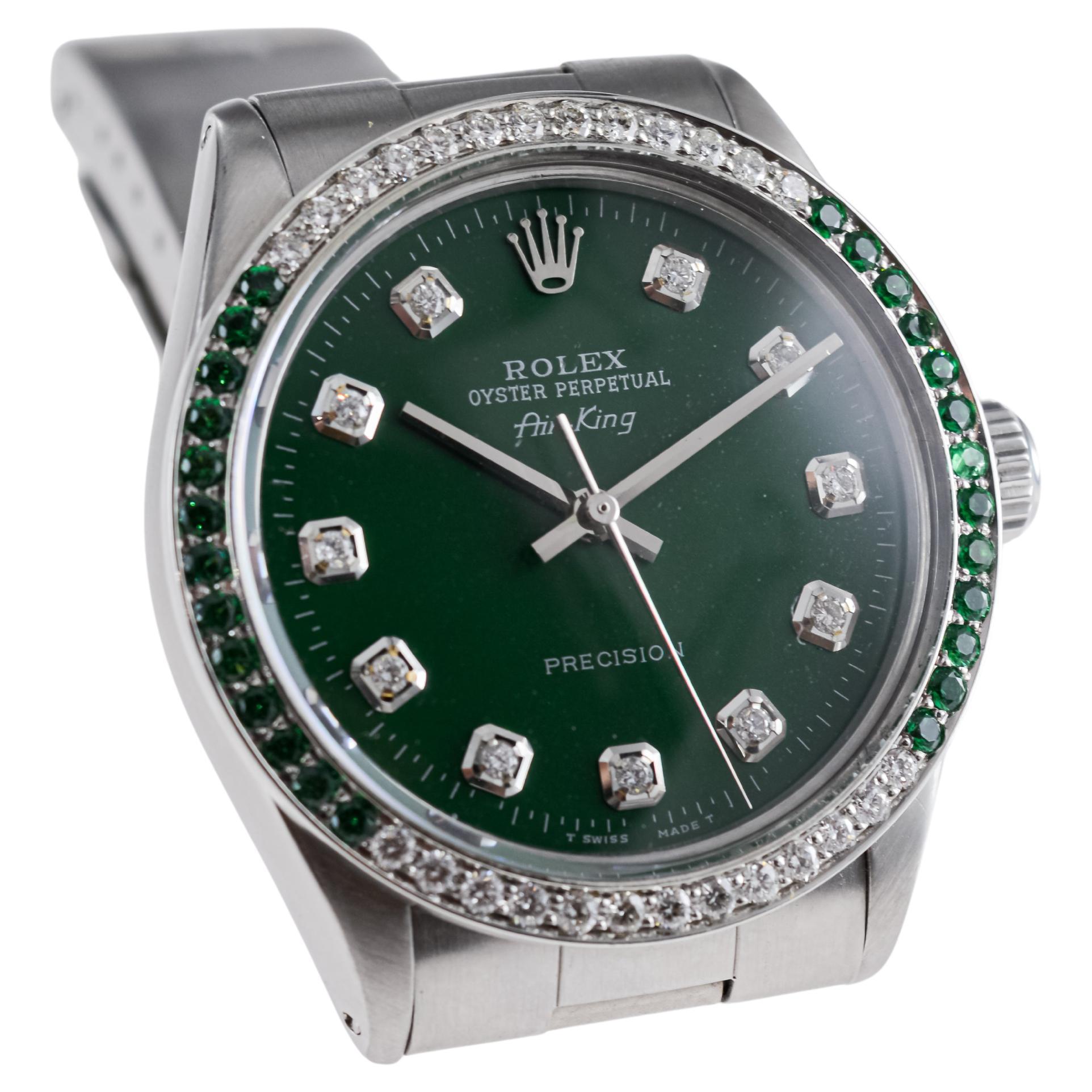 Rolex Stainless Steel Air-King with Custom Green Dial And Diamond Bezel For Sale 5