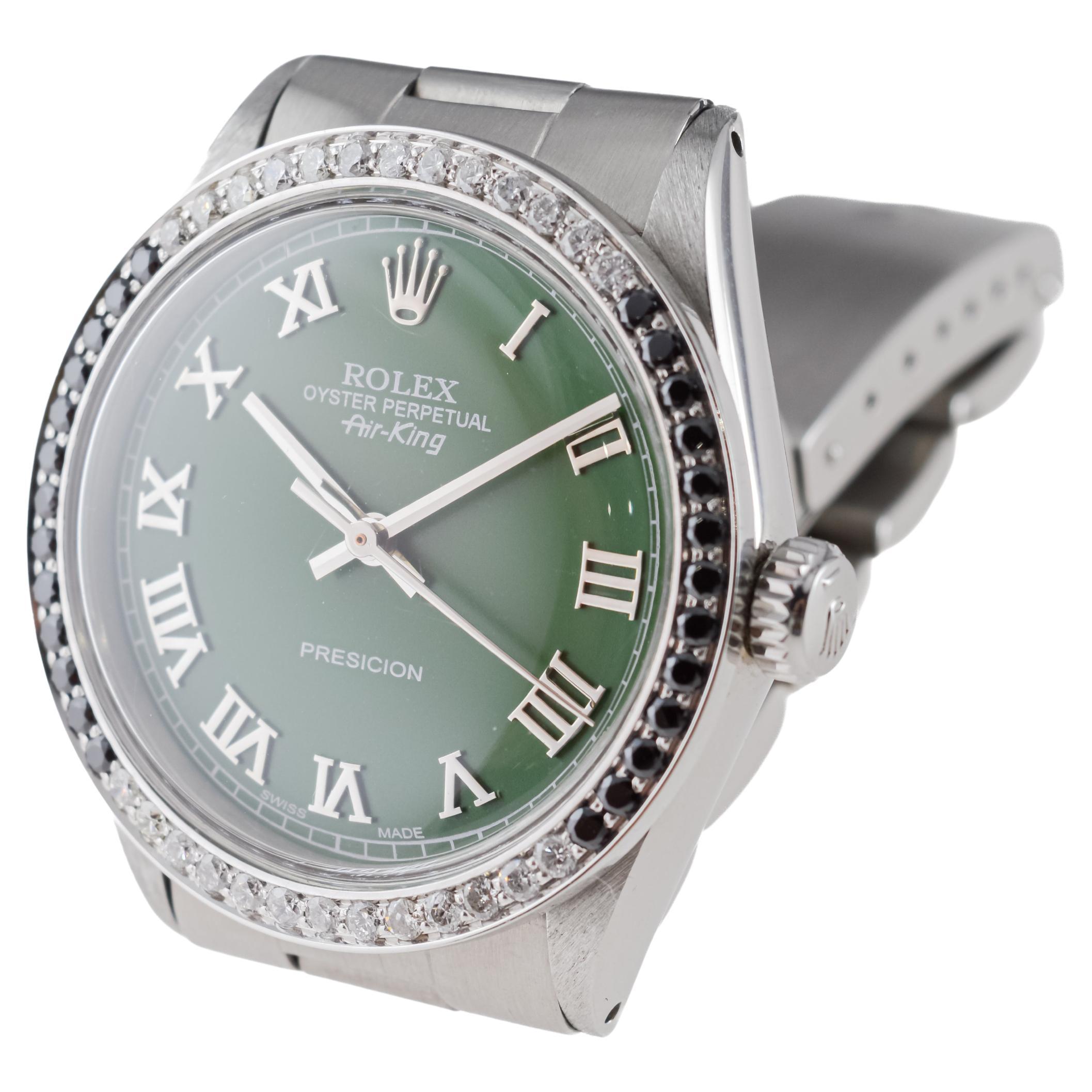 Rolex Stainless Steel Air-King with Custom Green Dial And Diamond Bezel For Sale 5