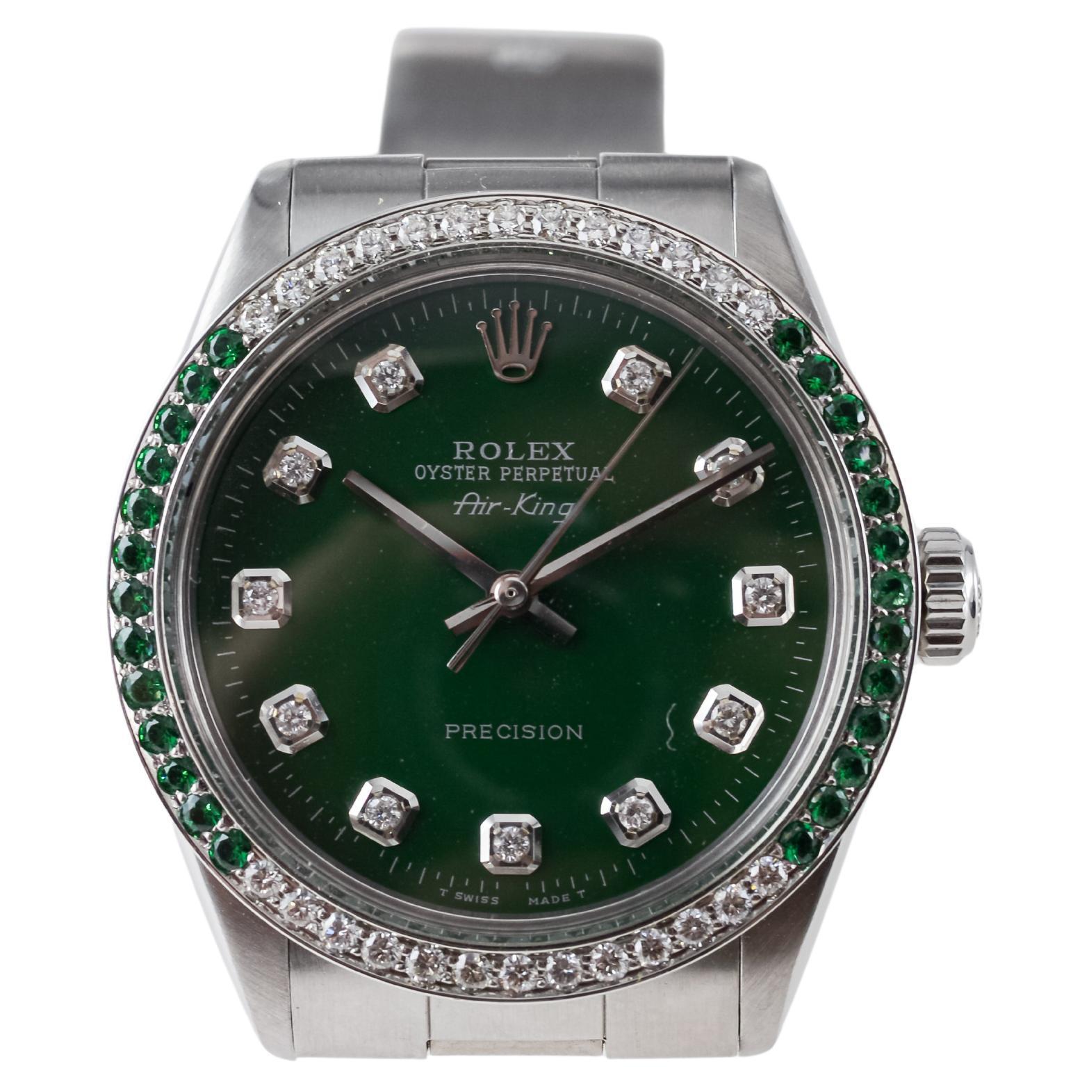 Rolex Stainless Steel Air-King with Custom Green Dial And Diamond Bezel For Sale 6