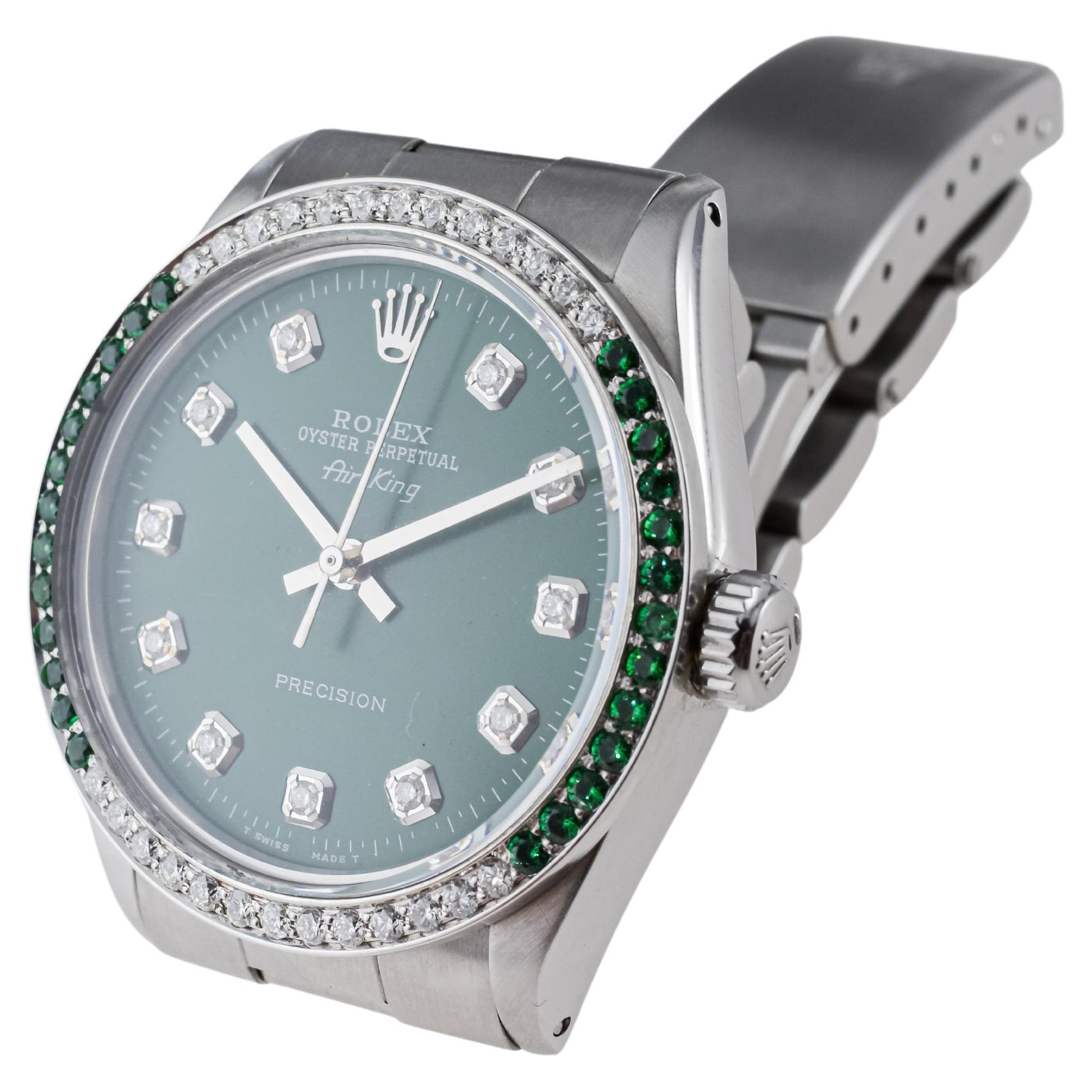 Rolex Stainless Steel Air-King with Custom Green Dial And Diamond Bezel For Sale 7