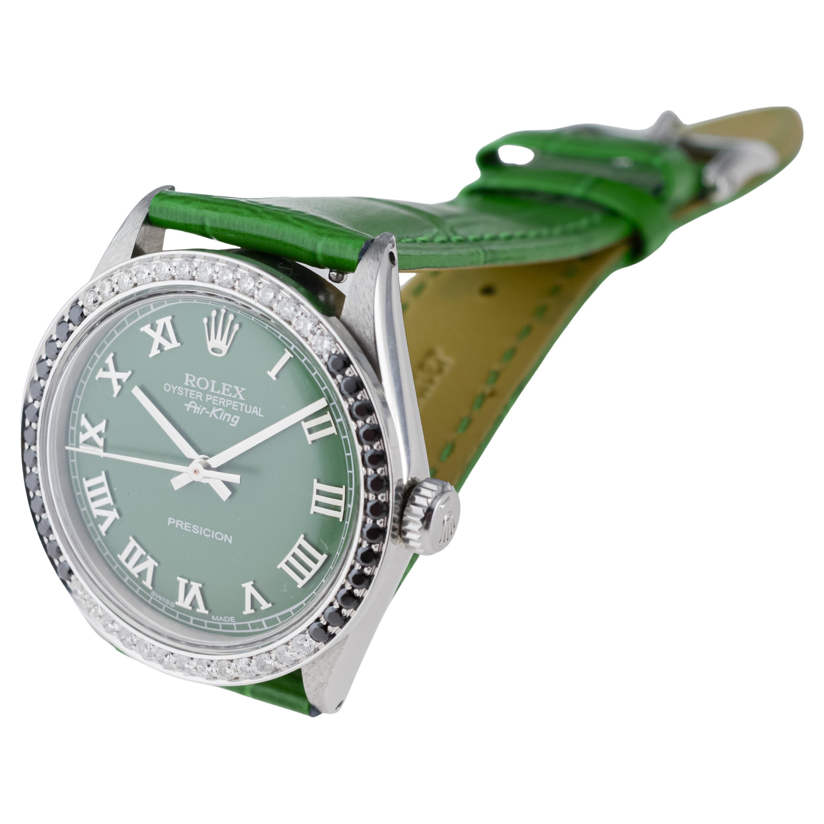 Rolex Stainless Steel Air-King with Custom Green Dial And Diamond Bezel For Sale 7