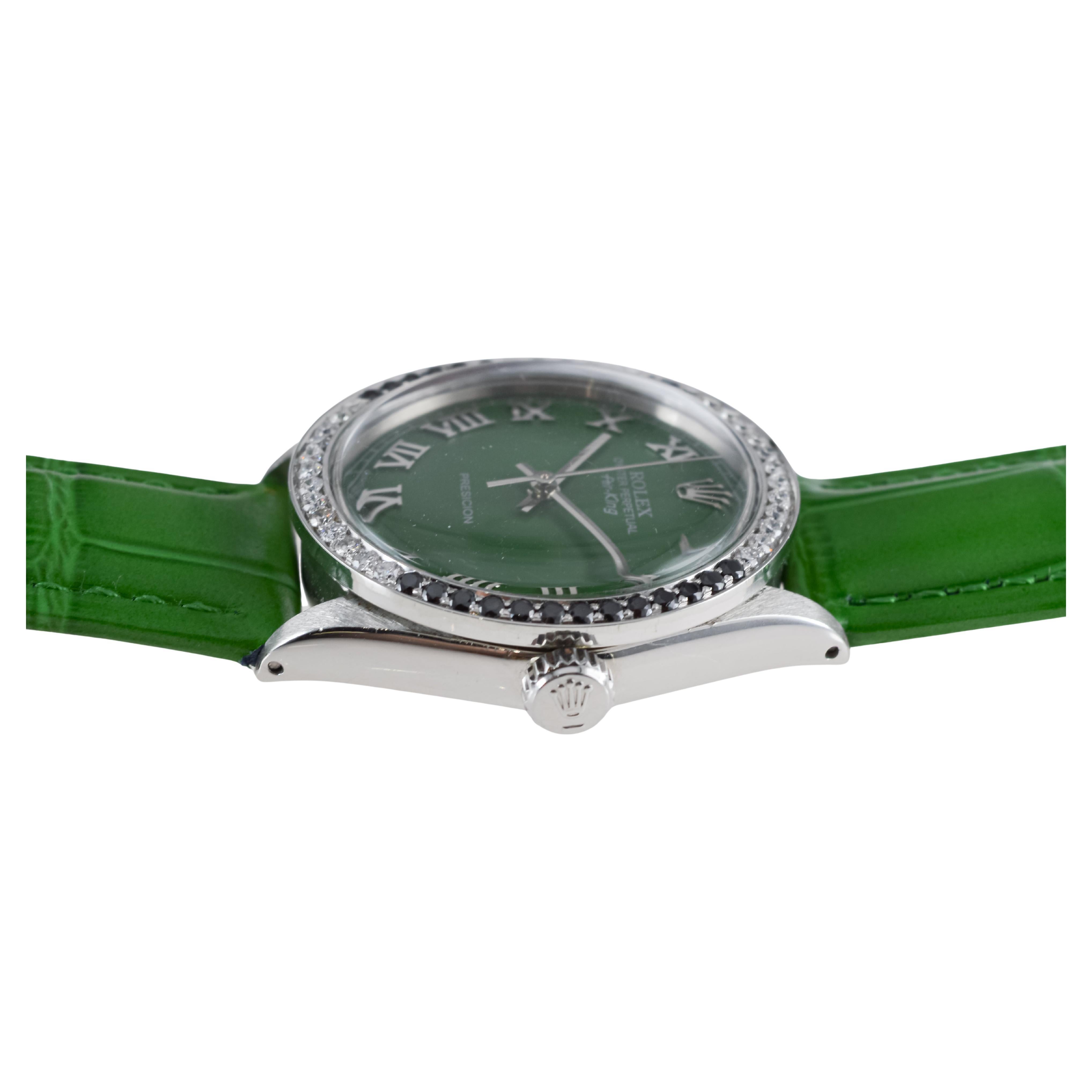 Rolex Stainless Steel Air-King with Custom Green Dial And Diamond Bezel For Sale 9