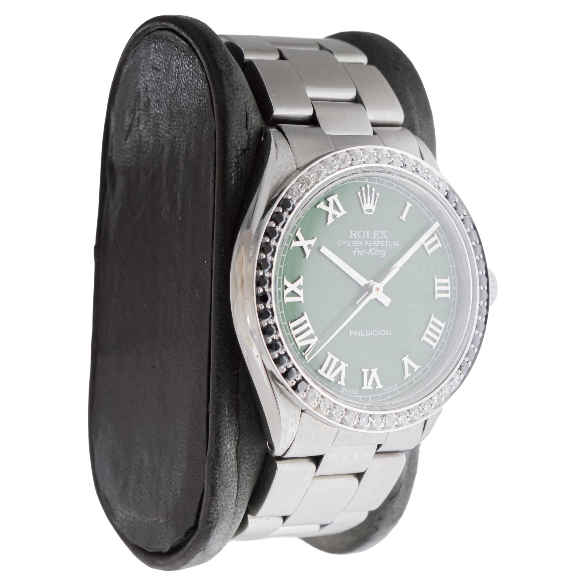 FACTORY / HOUSE: Rolex Watch Company
STYLE / REFERENCE: Air King / Reference 5500-1002
METAL / MATERIAL: Stainless Steel
CIRCA / YEAR: 1980's
DIMENSIONS / SIZE: Length 42mm X Diameter 35mm
MOVEMENT / CALIBER: Perpetual Winding / 26 Jewels / Caliber