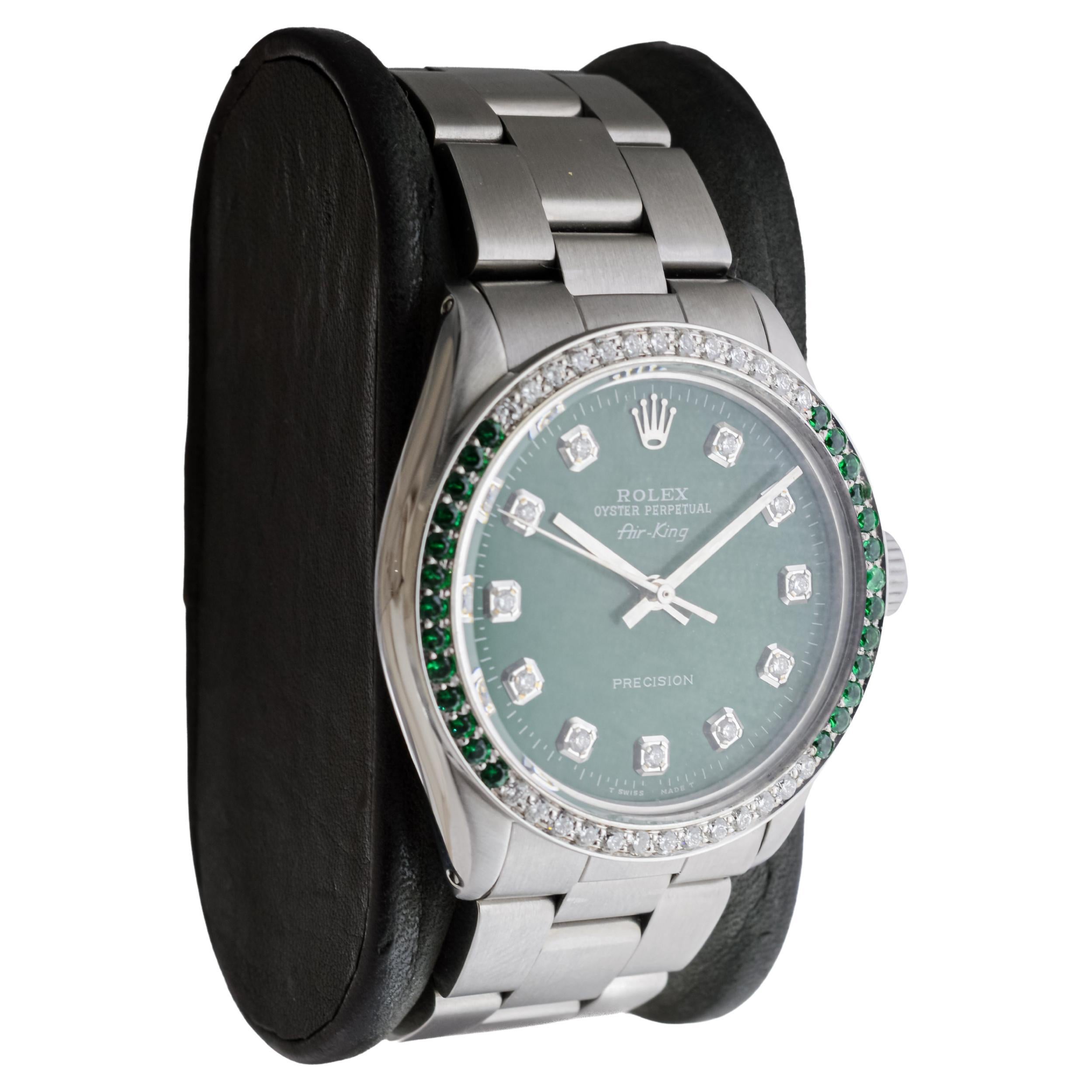Modern Rolex Stainless Steel Air-King with Custom Green Dial And Diamond Bezel For Sale
