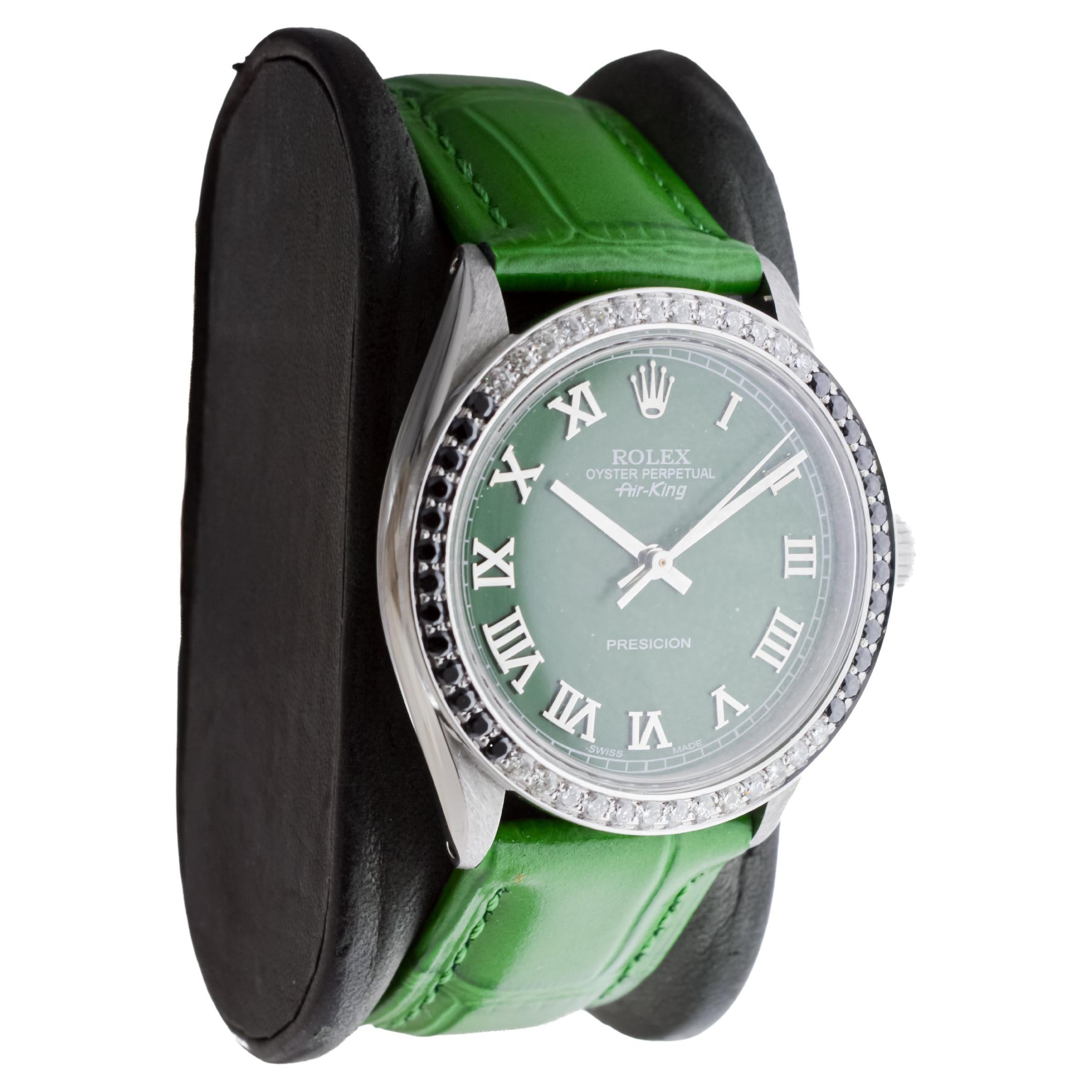 Modern Rolex Stainless Steel Air-King with Custom Green Dial And Diamond Bezel For Sale