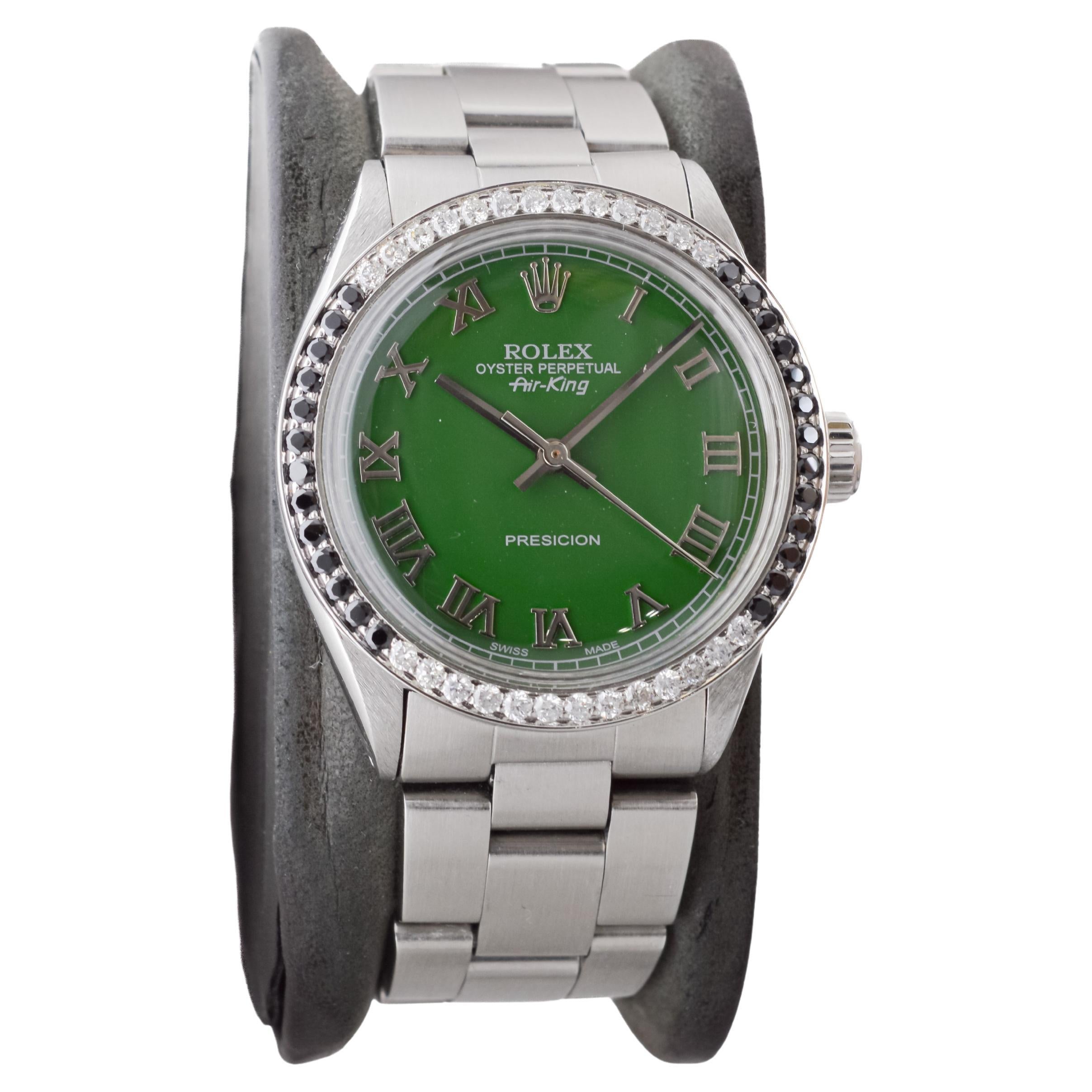 Modern Rolex Stainless Steel Air-King with Custom Green Dial And Diamond Bezel For Sale