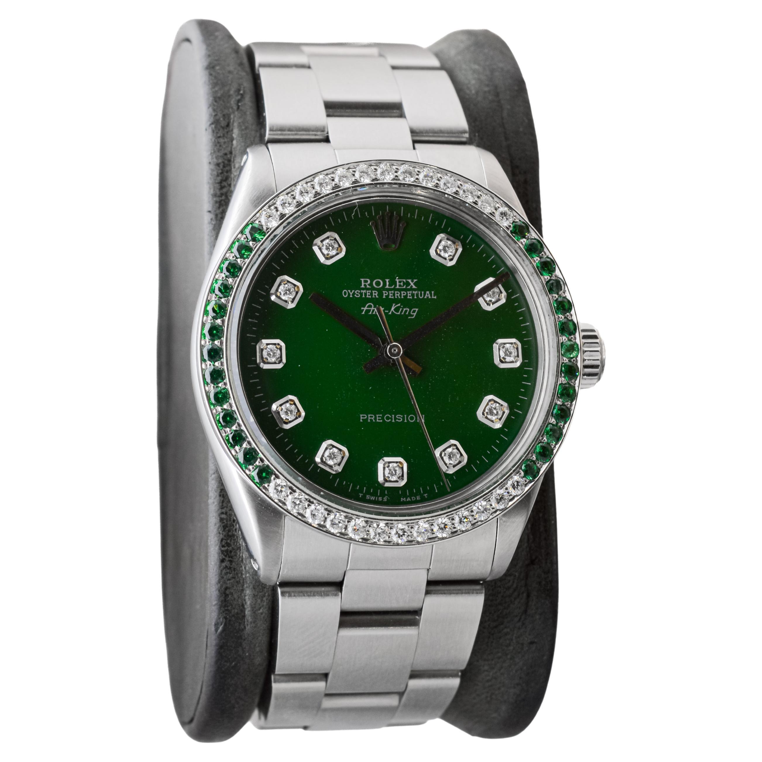 Rolex Stainless Steel Air-King with Custom Green Dial And Diamond Bezel In Excellent Condition For Sale In Long Beach, CA