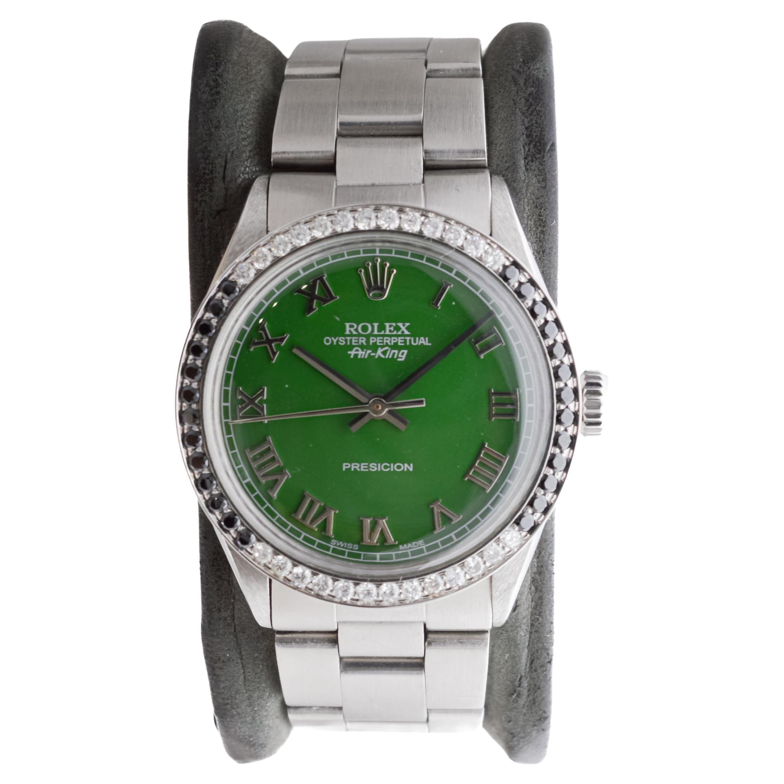 Rolex Stainless Steel Air-King with Custom Green Dial And Diamond Bezel In Excellent Condition For Sale In Long Beach, CA