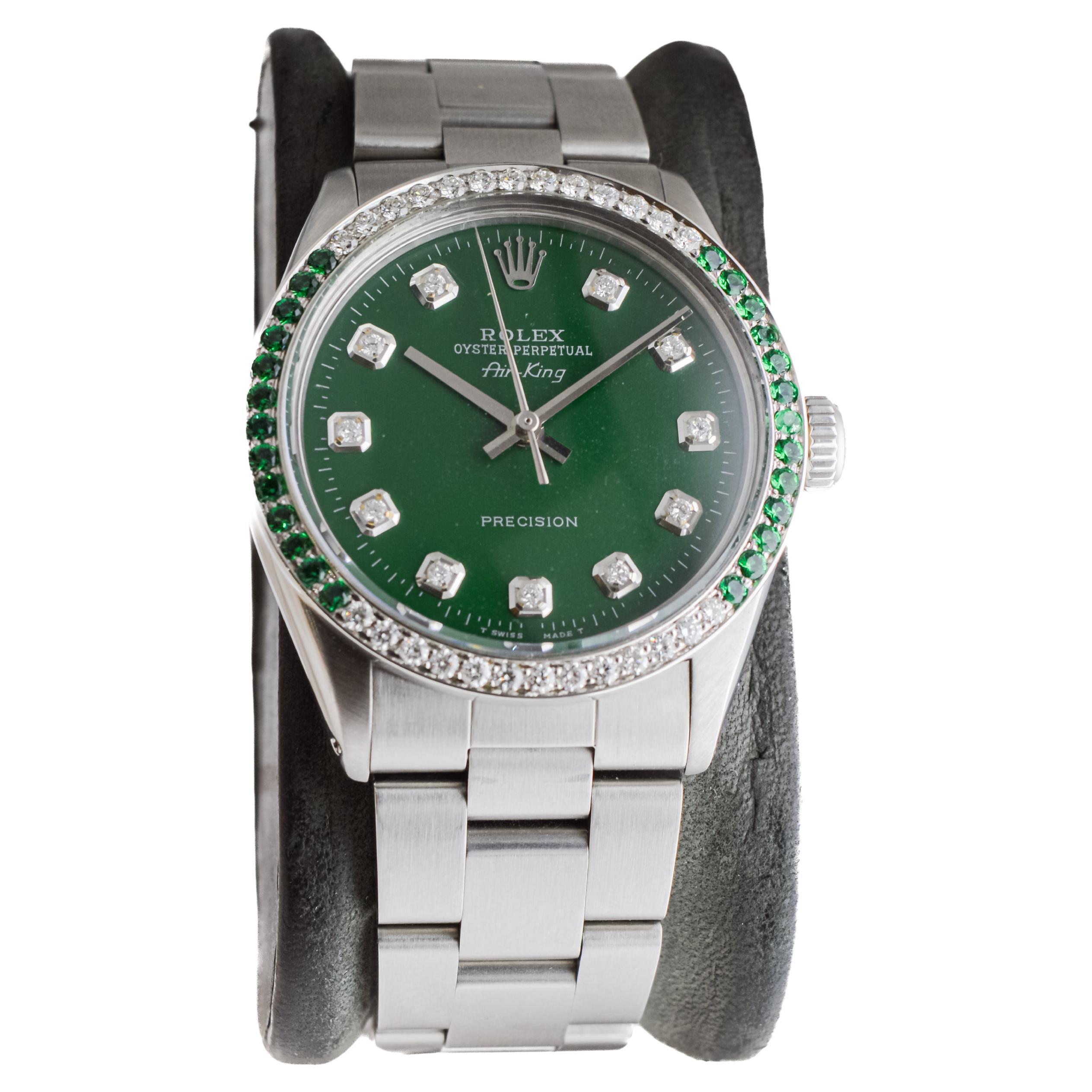 Women's or Men's Rolex Stainless Steel Air-King with Custom Green Dial And Diamond Bezel For Sale