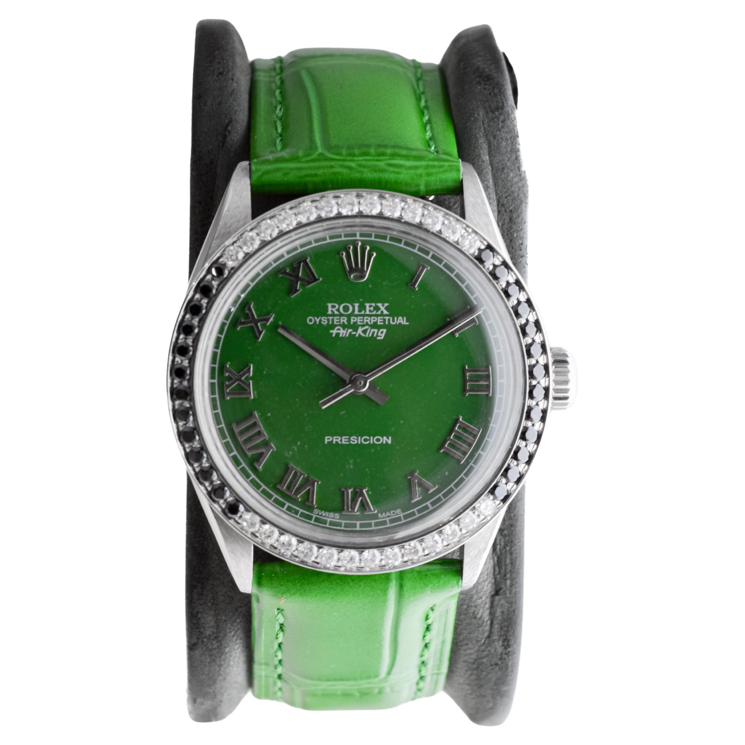 Women's or Men's Rolex Stainless Steel Air-King with Custom Green Dial And Diamond Bezel For Sale