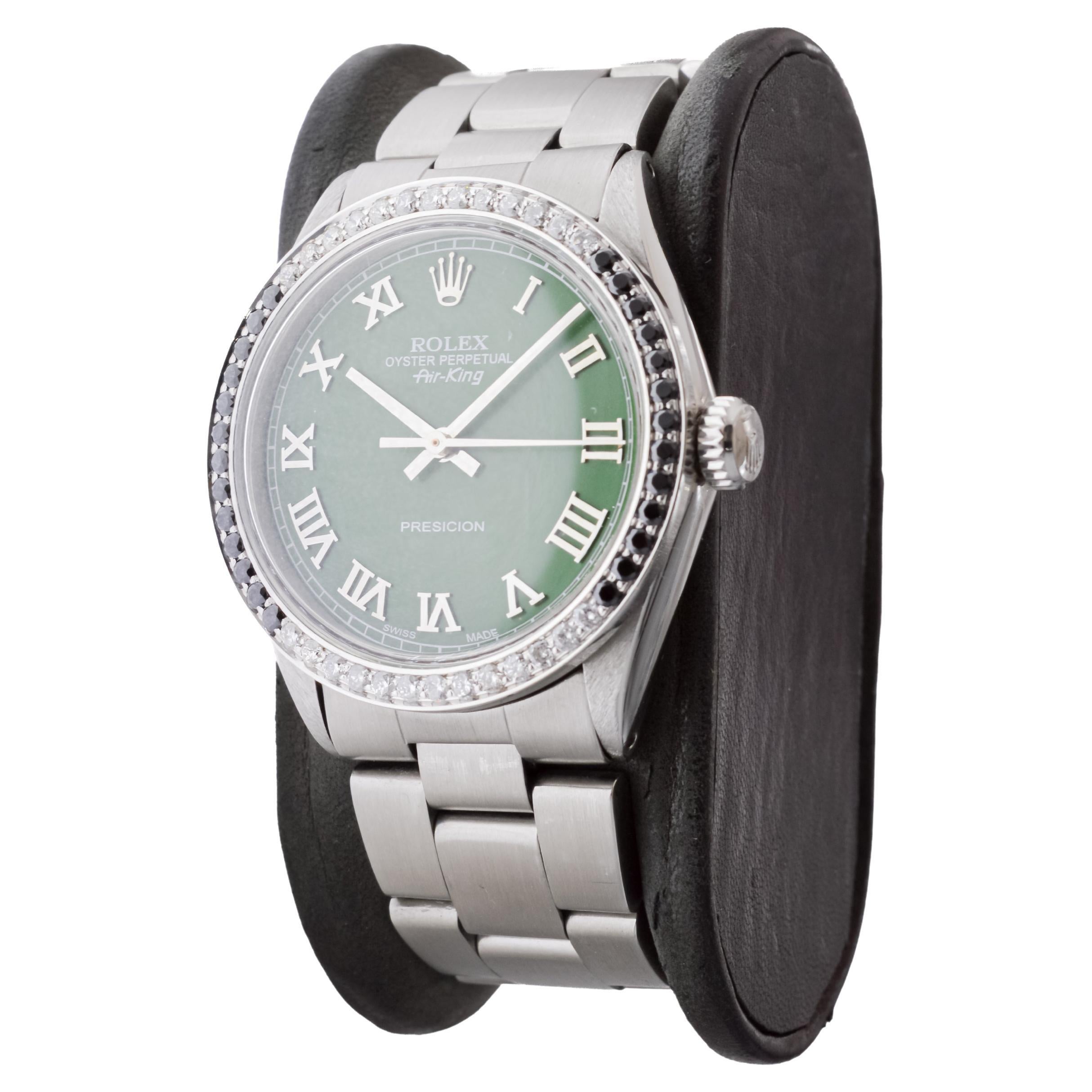 Women's or Men's Rolex Stainless Steel Air-King with Custom Green Dial And Diamond Bezel For Sale
