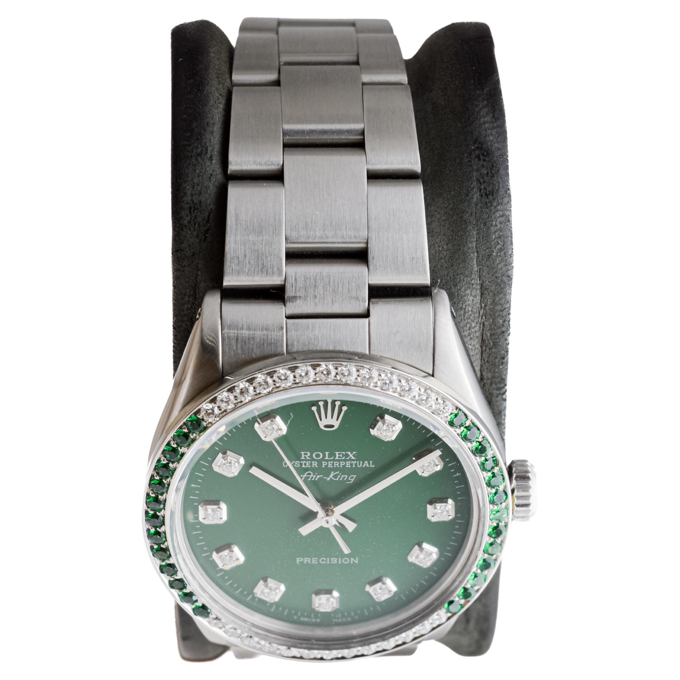 Rolex Stainless Steel Air-King with Custom Green Dial And Diamond Bezel For Sale 1