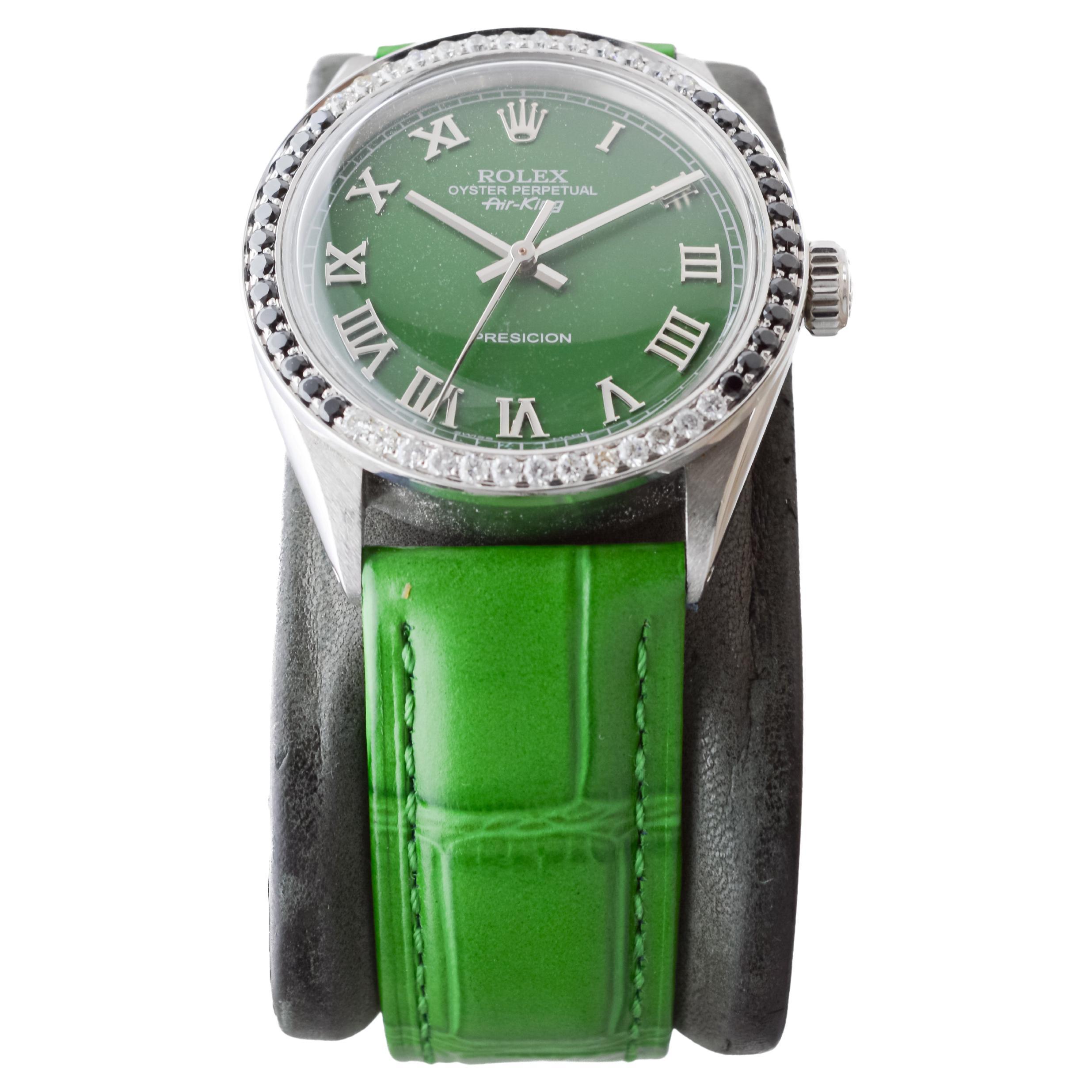 Rolex Stainless Steel Air-King with Custom Green Dial And Diamond Bezel For Sale 1