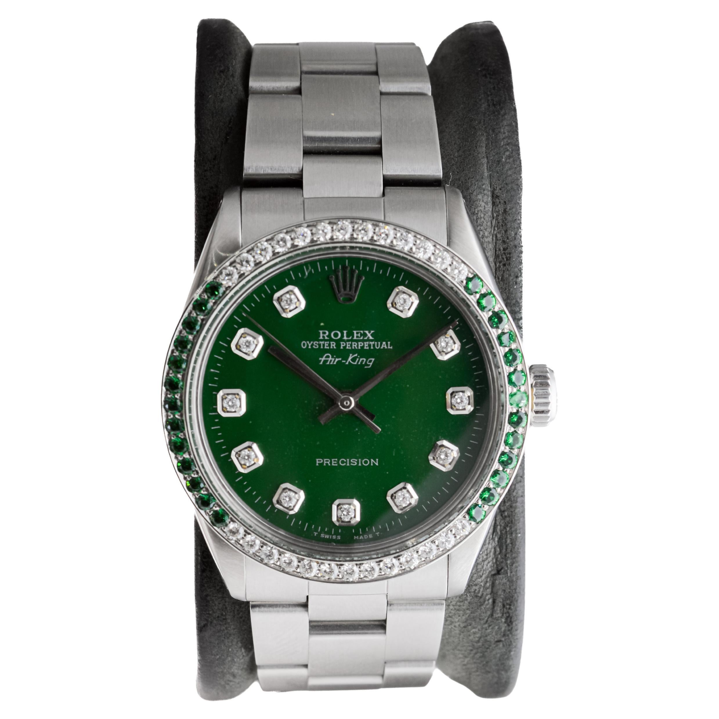 Rolex Stainless Steel Air-King with Custom Green Dial And Diamond Bezel For Sale 2