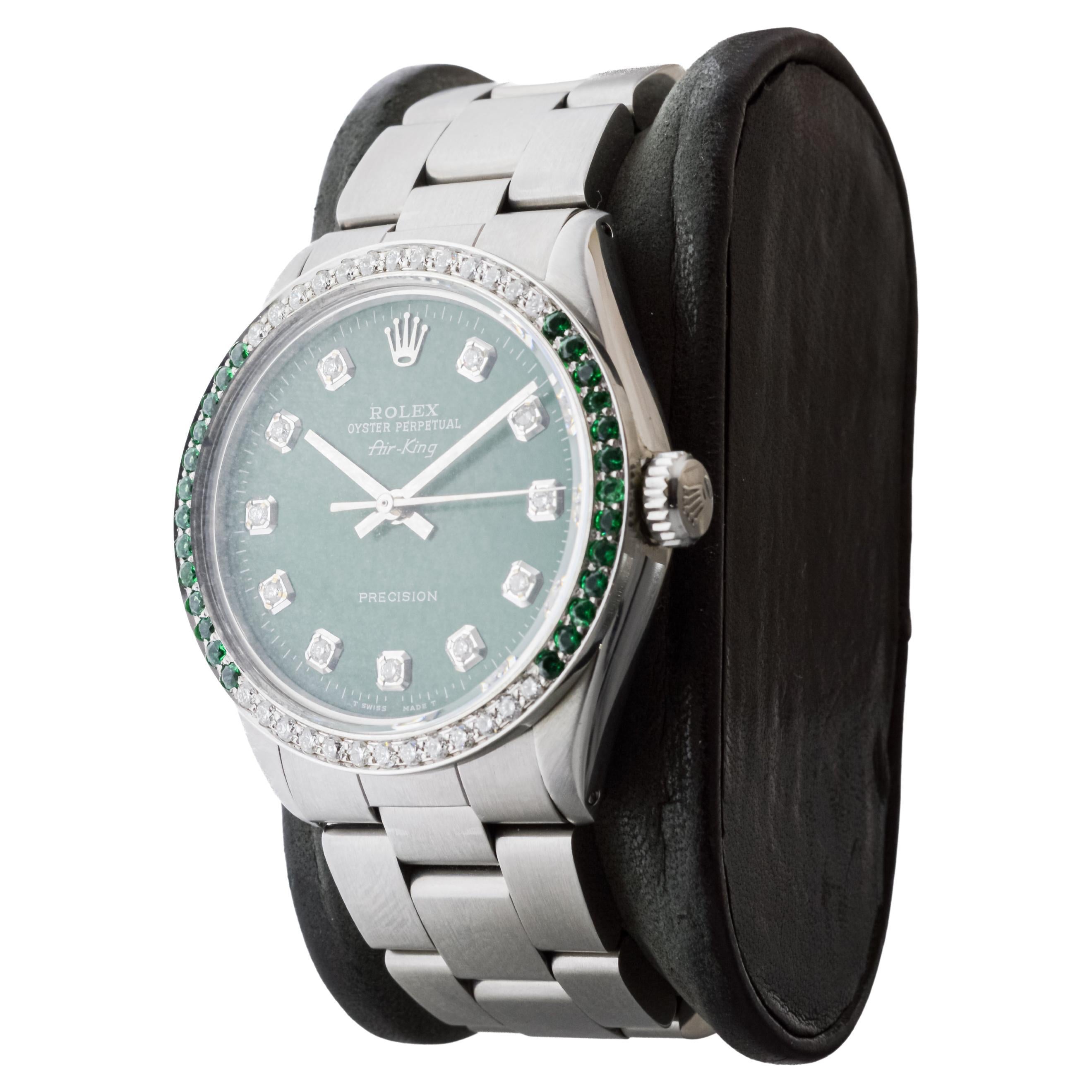 Rolex Stainless Steel Air-King with Custom Green Dial And Diamond Bezel For Sale 3