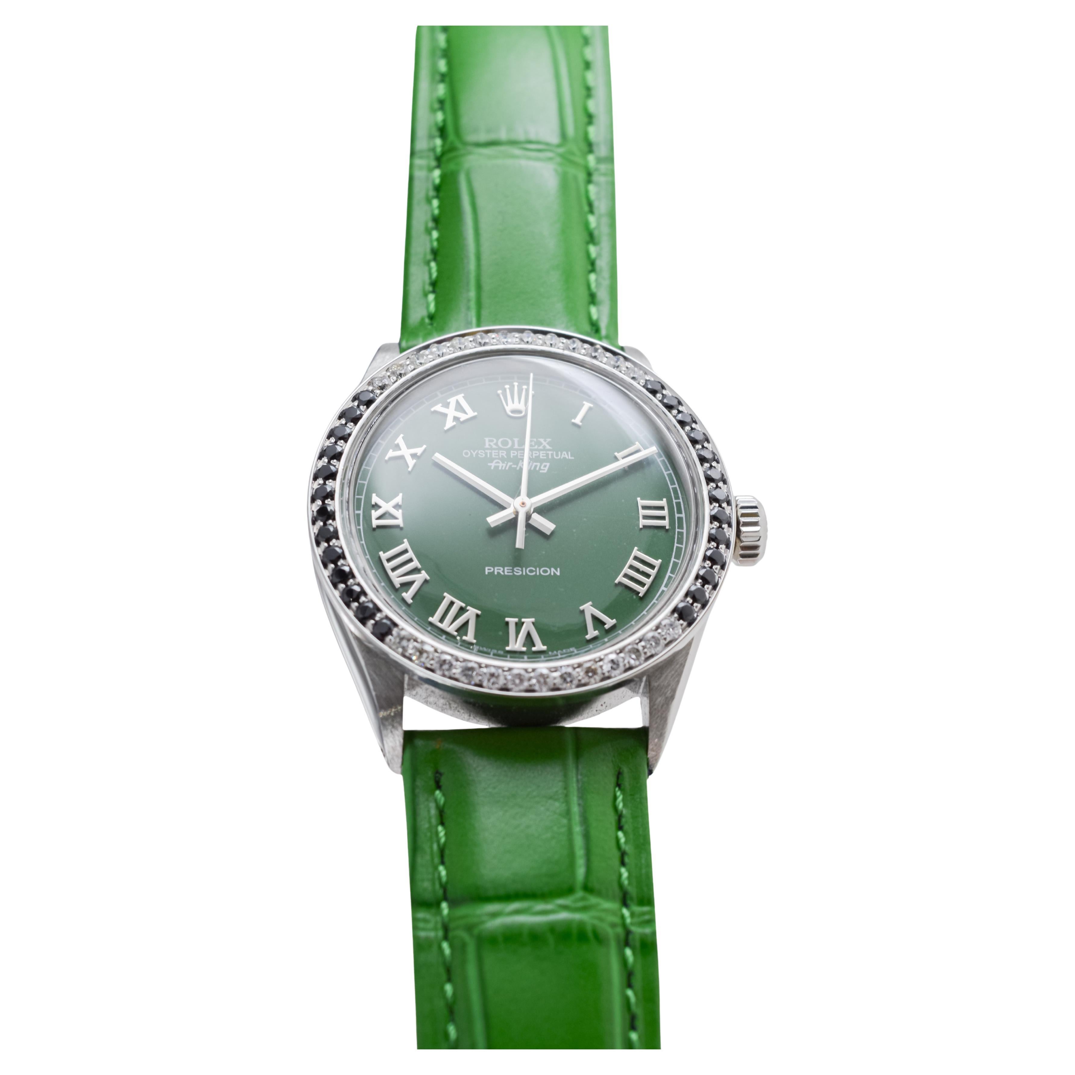 Rolex Stainless Steel Air-King with Custom Green Dial And Diamond Bezel For Sale 4
