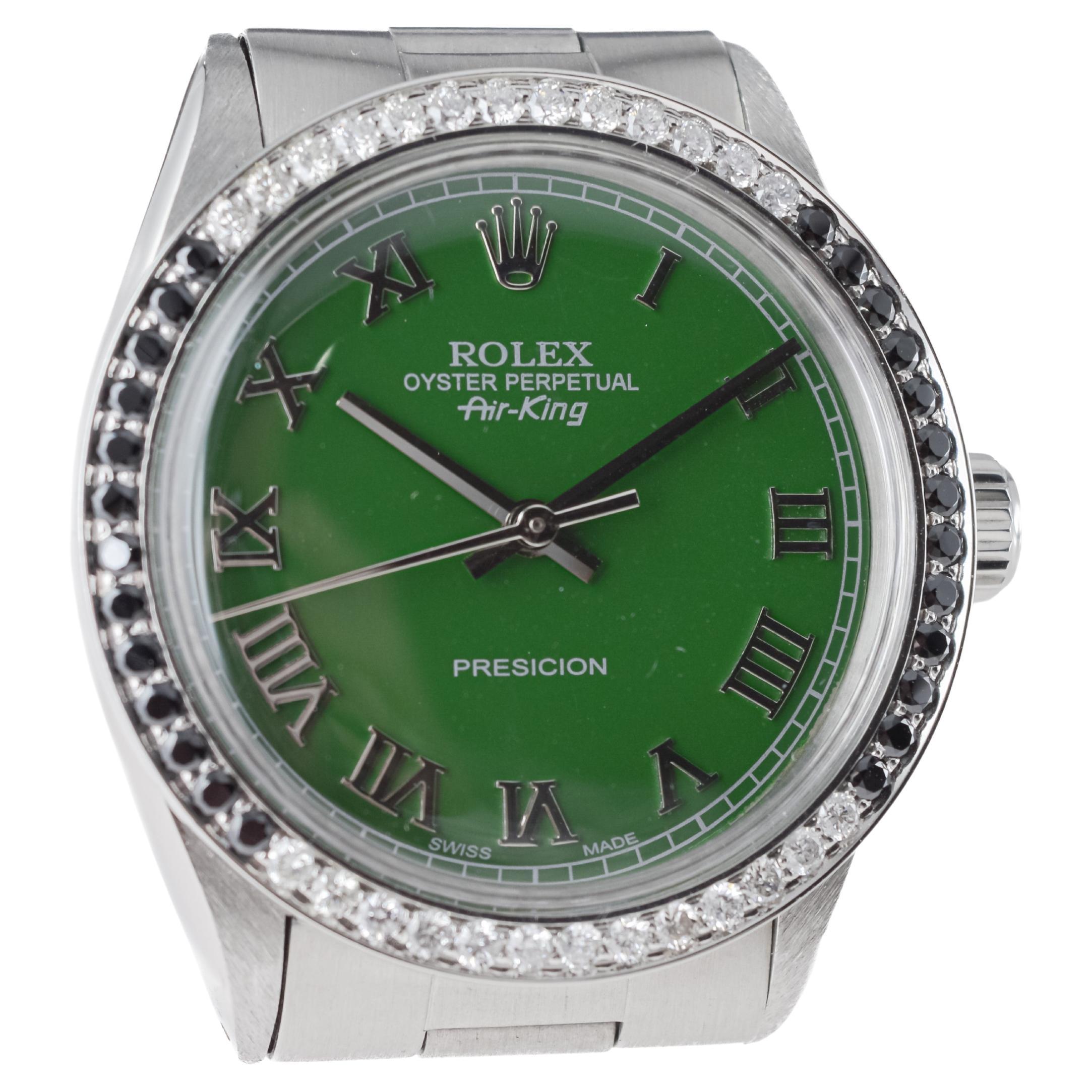 Rolex Stainless Steel Air-King with Custom Green Dial And Diamond Bezel For Sale 4