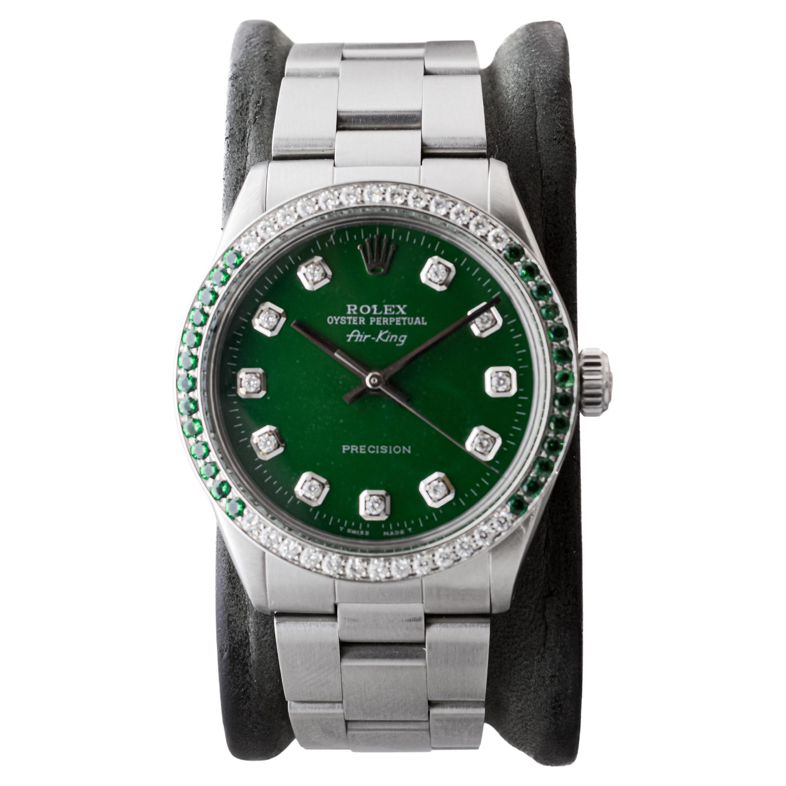 Rolex Air-King de acero inoxidable con esfera verde personalizada y bisel de diamantes