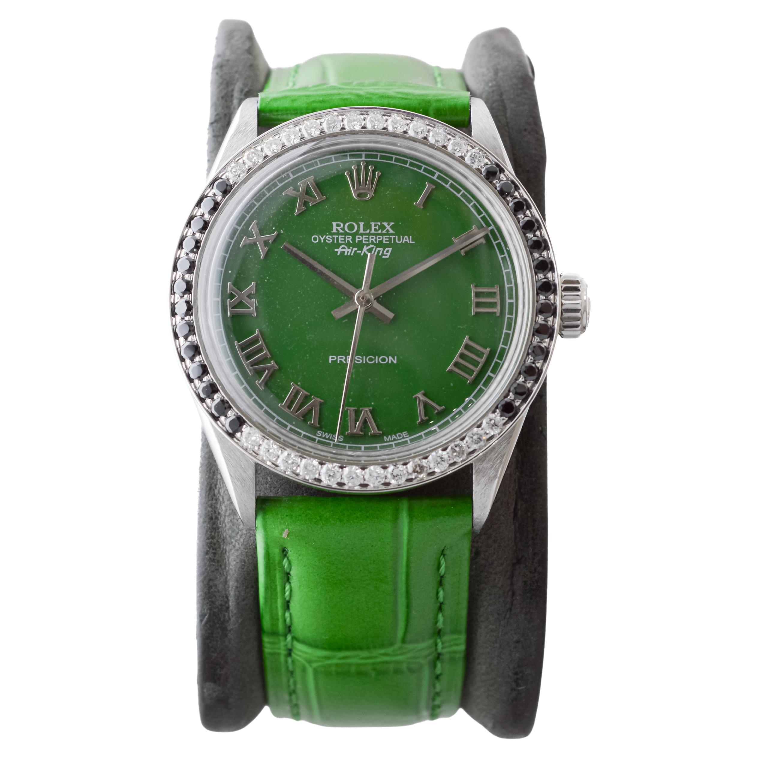 Rolex Air-King de acero inoxidable con esfera verde personalizada y bisel de diamantes