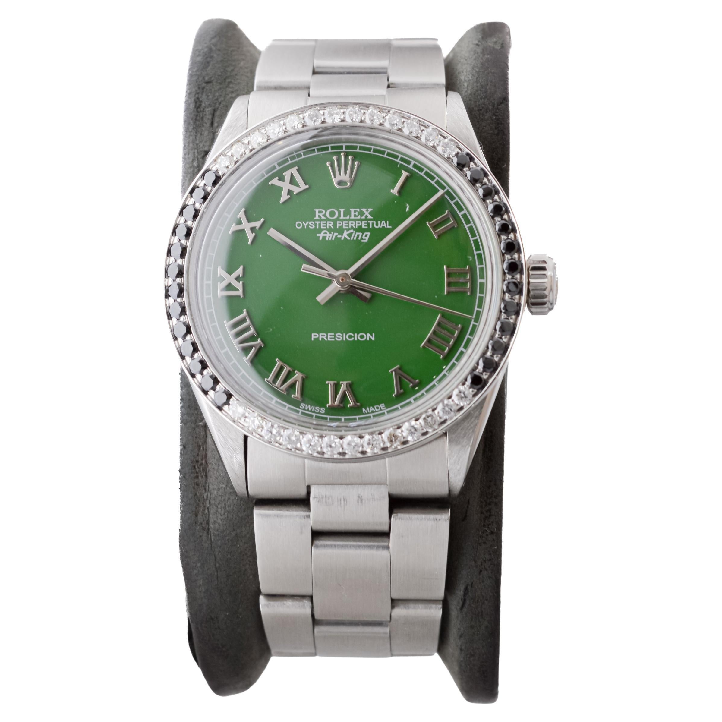 Rolex Air-King de acero inoxidable con esfera verde personalizada y bisel de diamantes