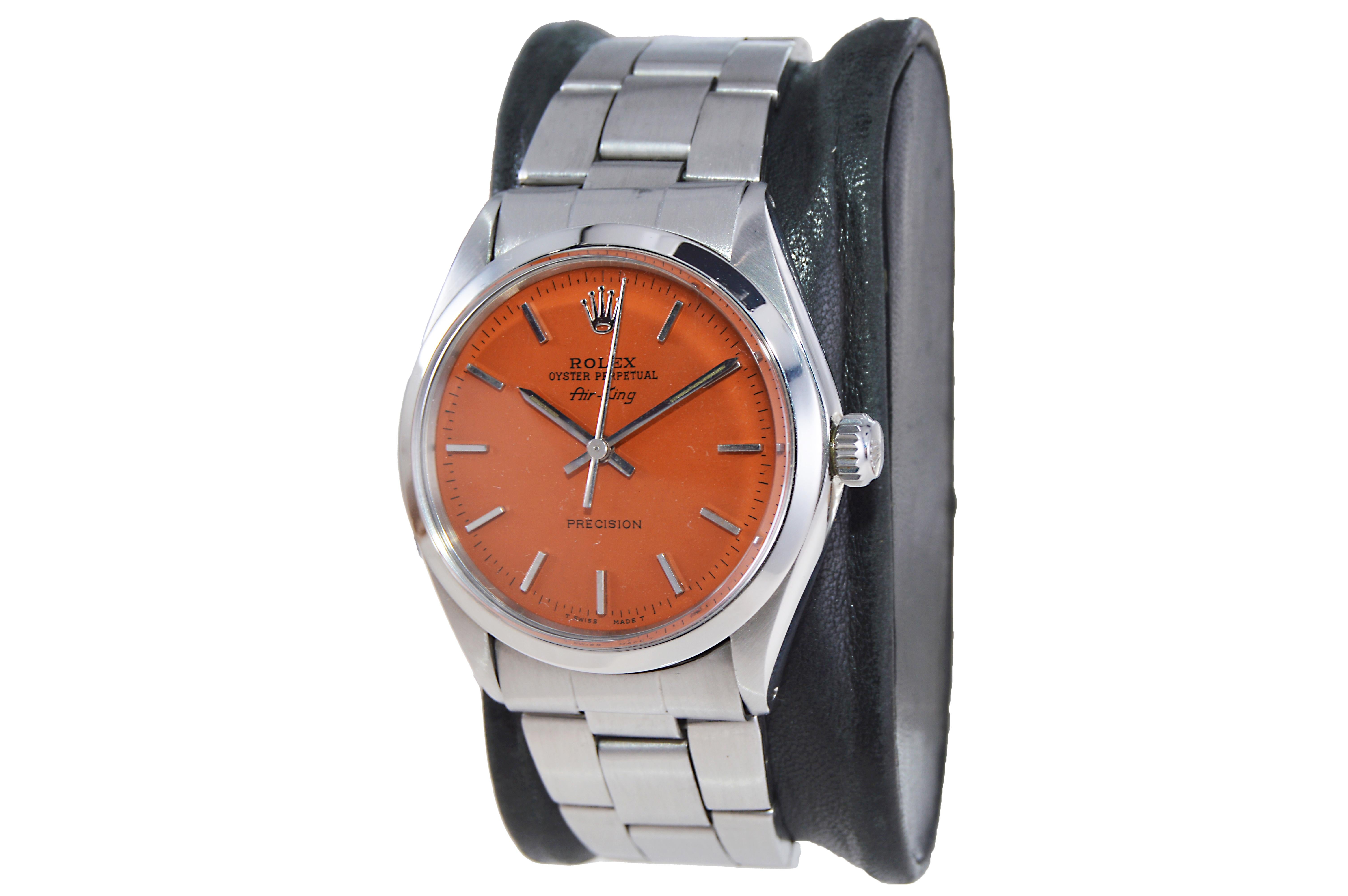 Modern Rolex Stainless Steel Air King with Custom Made Orange Dial, circa 1960's For Sale