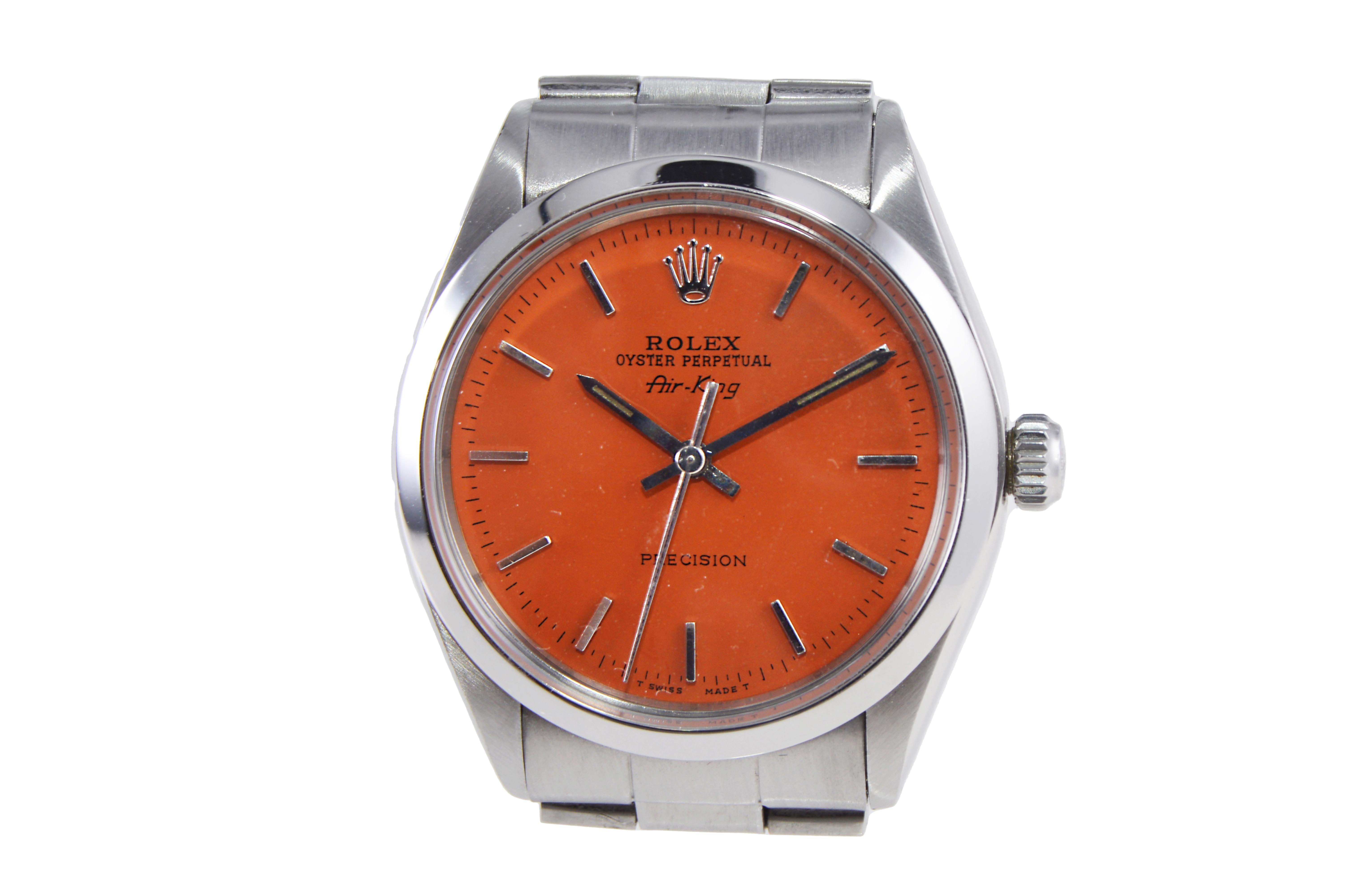 Women's or Men's Rolex Stainless Steel Air King with Custom Made Orange Dial, circa 1960's For Sale