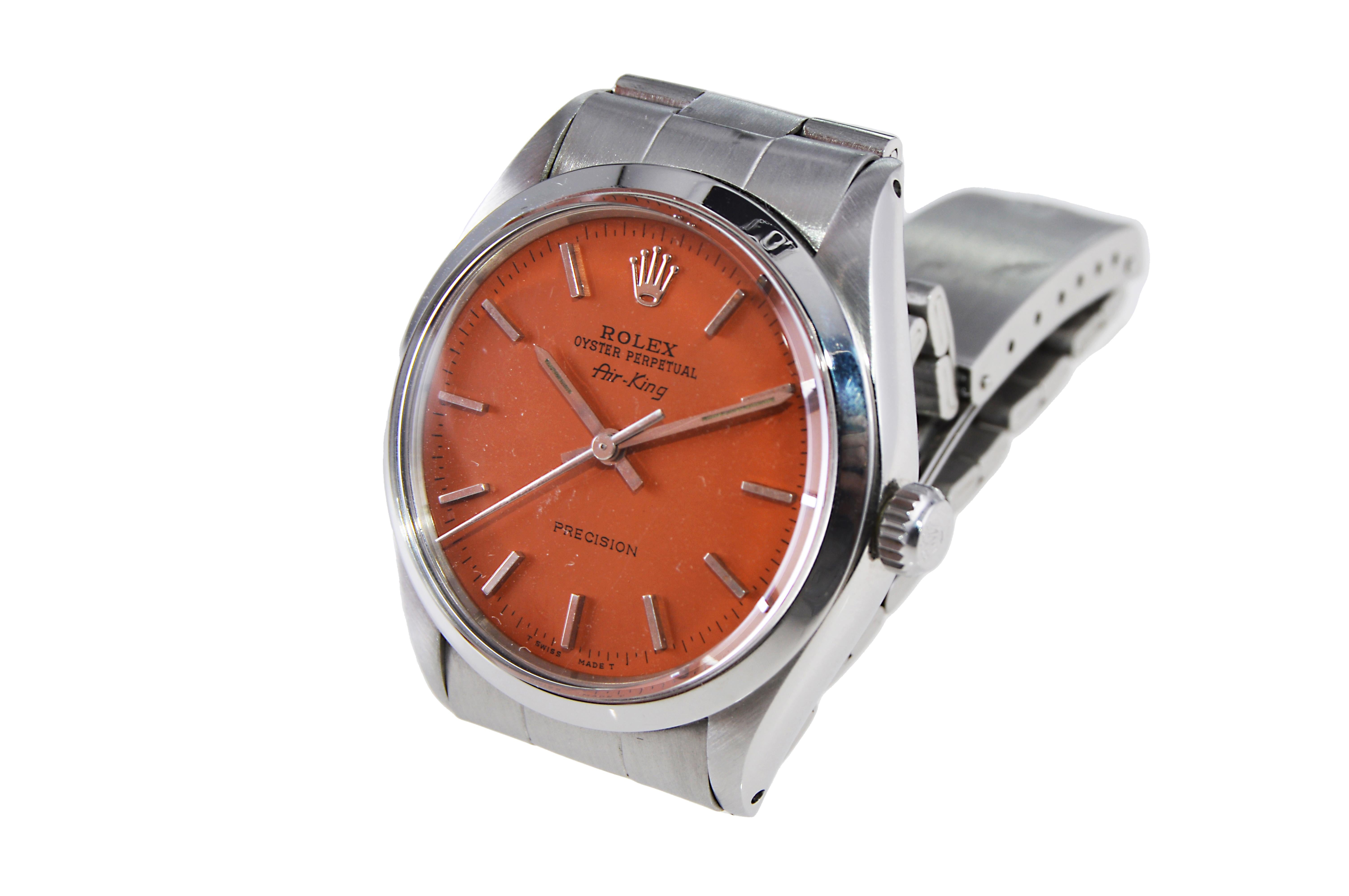 Rolex Stainless Steel Air King with Custom Made Orange Dial, circa 1960's For Sale 1