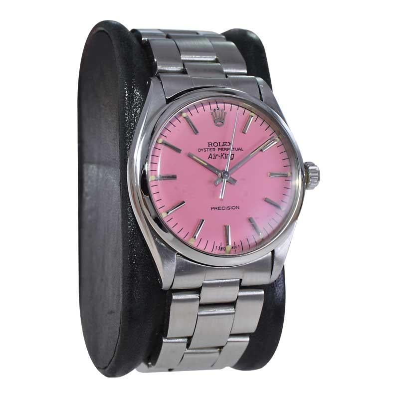 Modern Rolex Stainless Steel Air King with Custom Made Pink Dial, circa 1970s For Sale