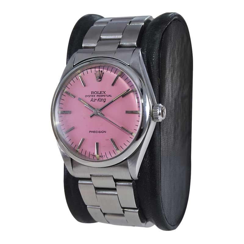 Women's or Men's Rolex Stainless Steel Air King with Custom Made Pink Dial, circa 1970s For Sale