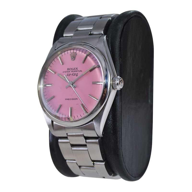 Rolex Stainless Steel Air King with Custom Made Pink Dial, circa 1970s For Sale 1