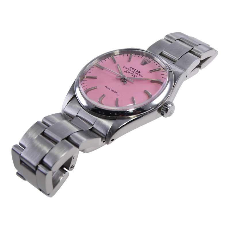 Women's or Men's Rolex Stainless Steel Air King with Custom Made Pink Dial, circa 1970's