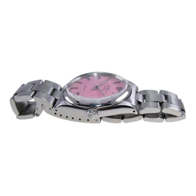 Rolex Stainless Steel Air King with Custom Made Pink Dial, circa 1970s For Sale 3