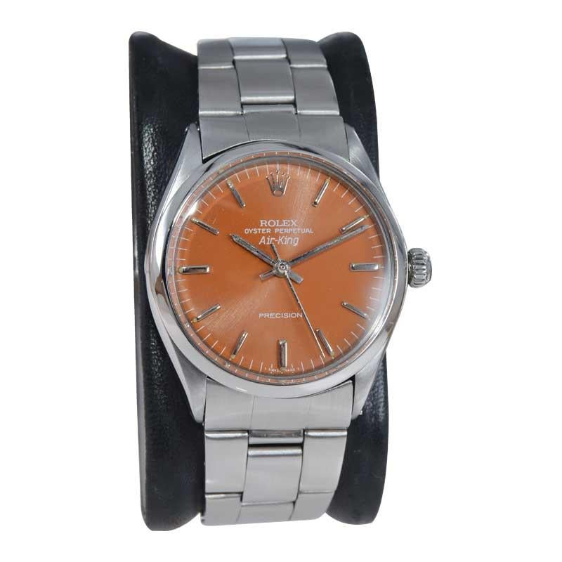 Modernist Rolex Stainless Steel Air King With Custom Made Pumpkin Orange Dial circa 1970's For Sale