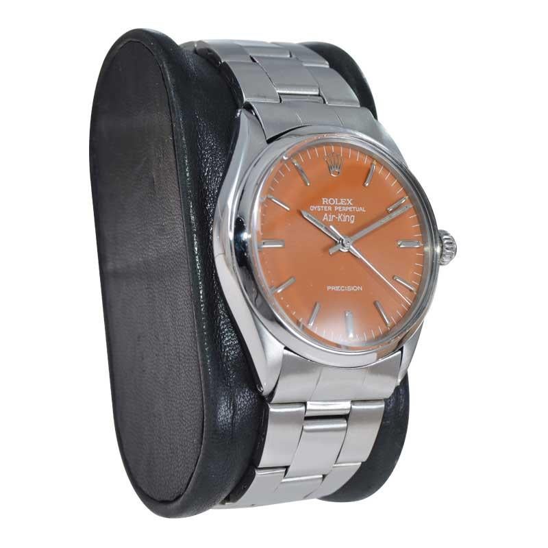Rolex Stainless Steel Air King With Custom Made Pumpkin Orange Dial circa 1970's In Excellent Condition For Sale In Long Beach, CA