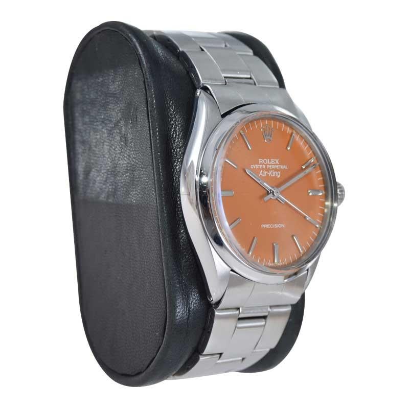 Women's or Men's Rolex Stainless Steel Air King With Custom Made Pumpkin Orange Dial circa 1970's For Sale