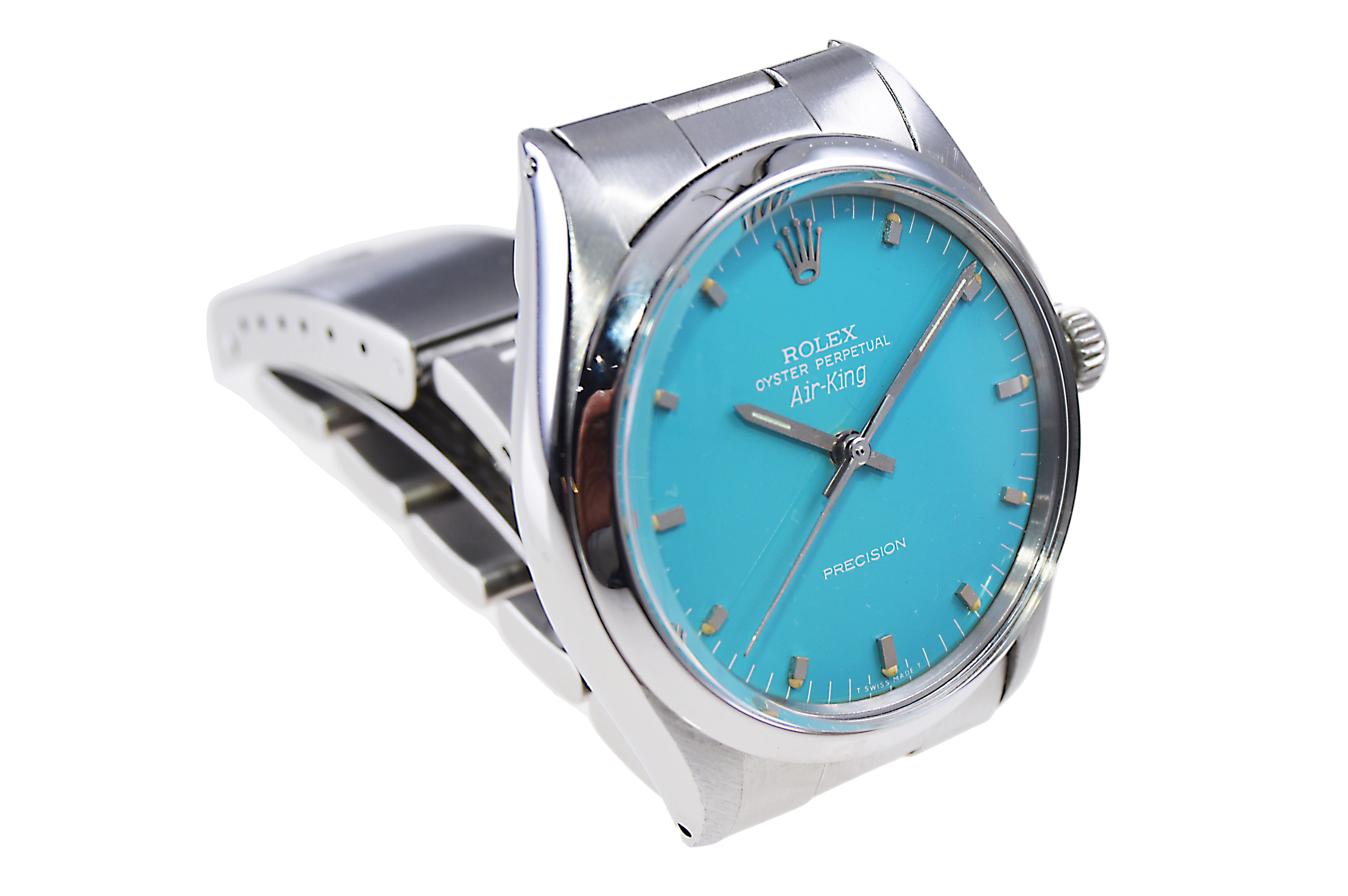 Women's or Men's Rolex Stainless Steel Air King with Custom Made Sky Blue Dial from Mid-1970's For Sale